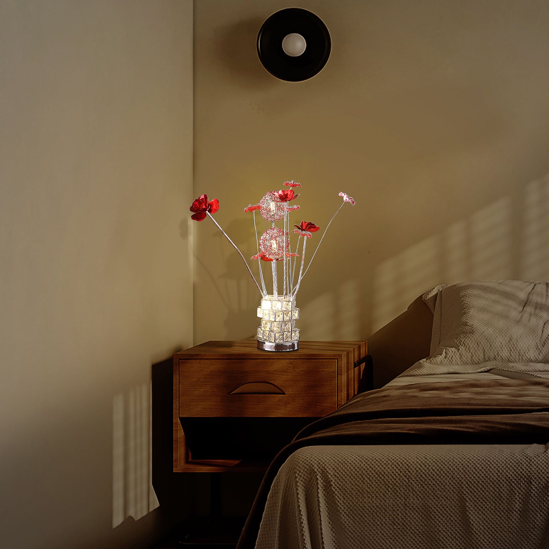 Aluminum 4 Red Roses 6 Petal Floral 2 Red/Silver Flower Bud On A 4 Squared Modern Hexagona Chrome Vase Table Lamp for Living Room, Nightstand Bedside Table Lamp for Bedroom, LED Lamp