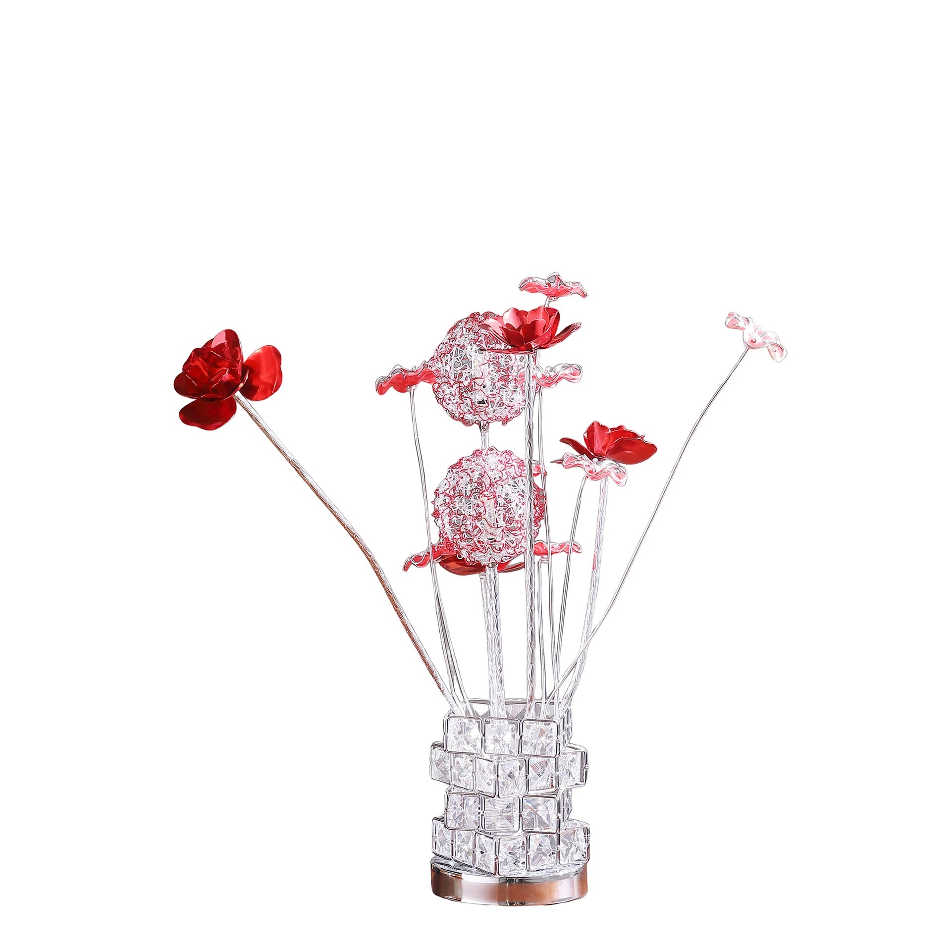Aluminum 4 Red Roses 6 Petal Floral 2 Red/Silver Flower Bud On A 4 Squared Modern Hexagona Chrome Vase Table Lamp for Living Room, Nightstand Bedside Table Lamp for Bedroom, LED Lamp