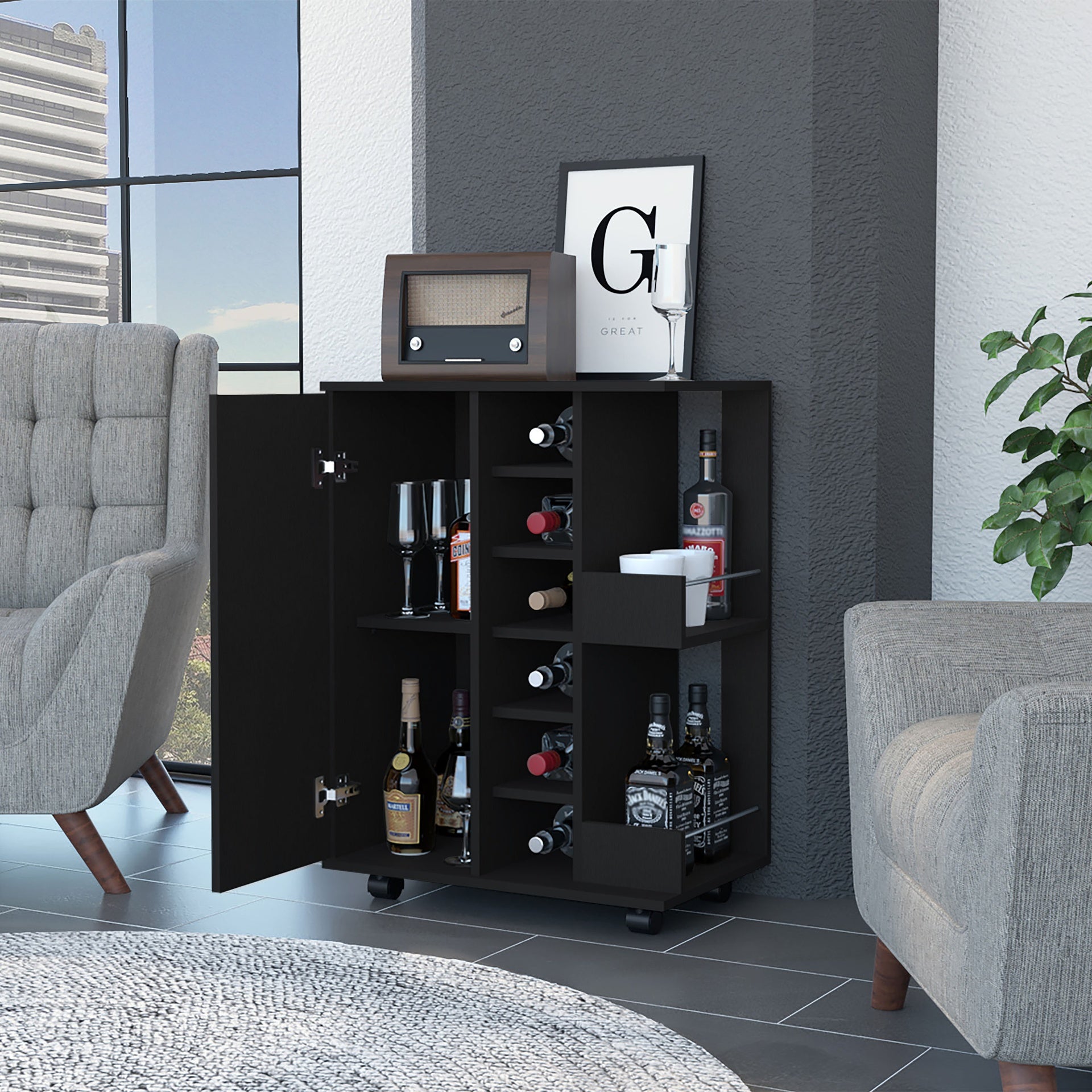 Tennessee Bar Cart, One Cabinet With Division, Six Cubbies For liquor, Two Shelves