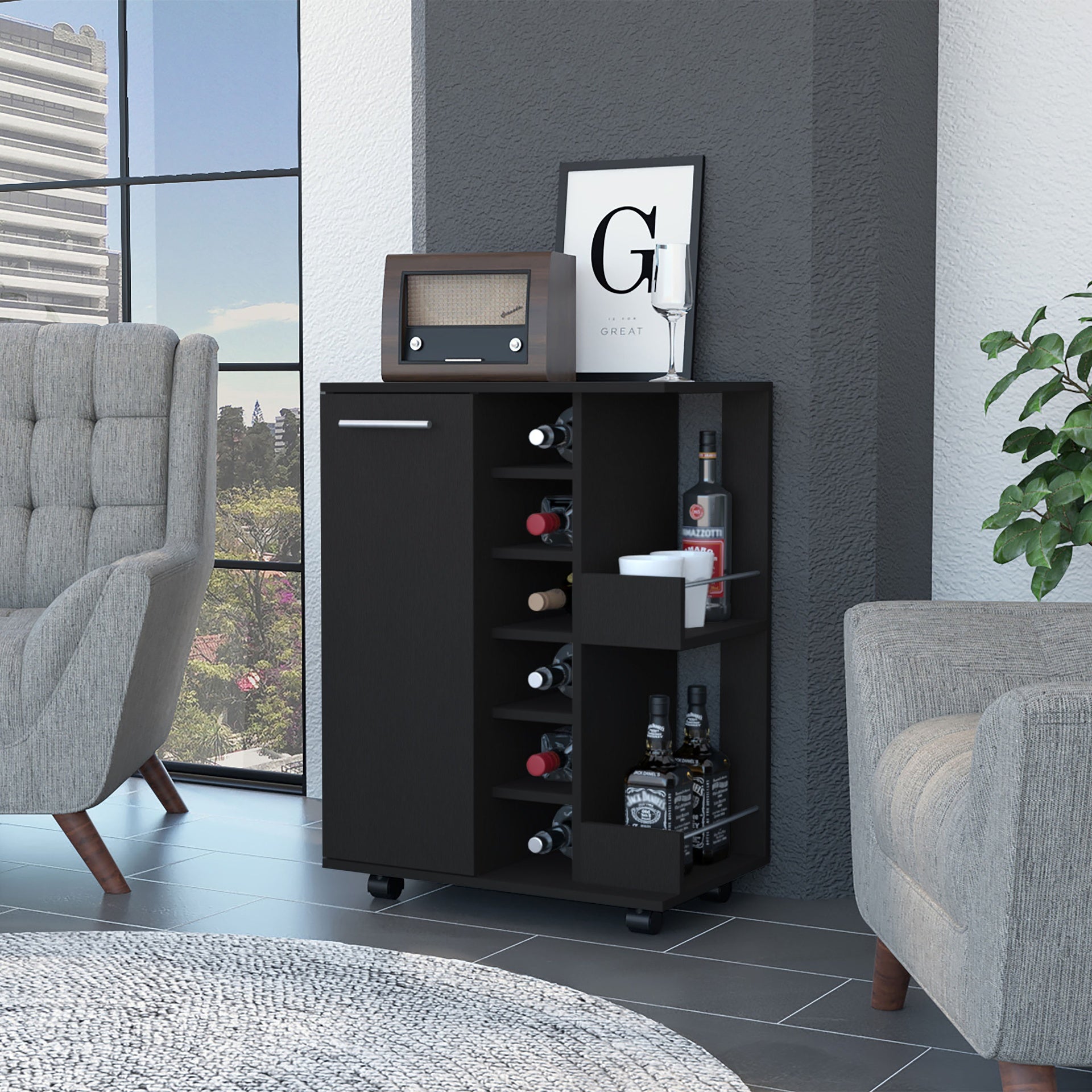 Tennessee Bar Cart, One Cabinet With Division, Six Cubbies For liquor, Two Shelves