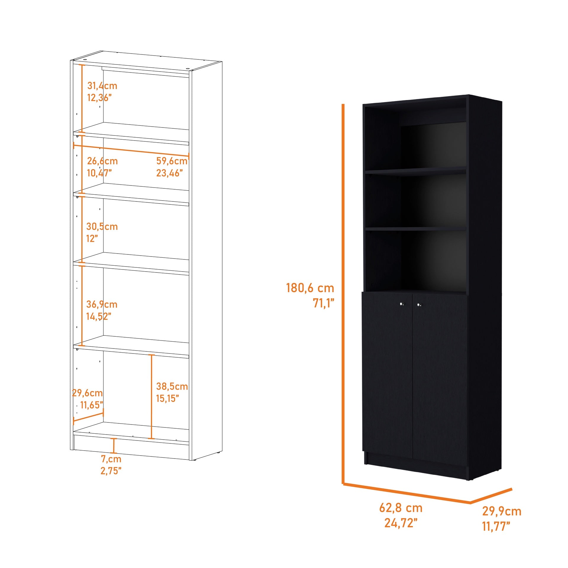 Sutton 2-Door Bookcase, Storage with Multi-Level Shelves and Double Door Design