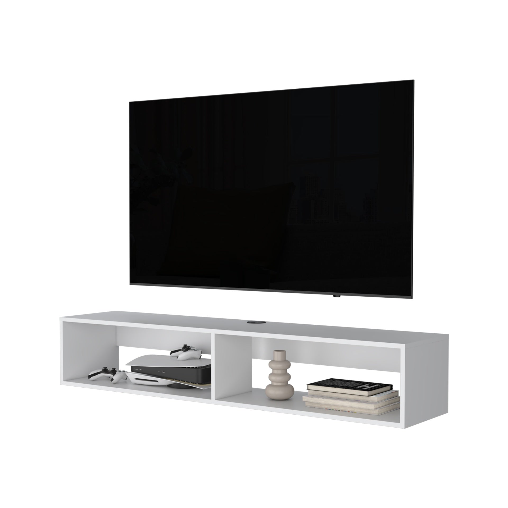 Central Floating media rack in melamine with two shelves,white
