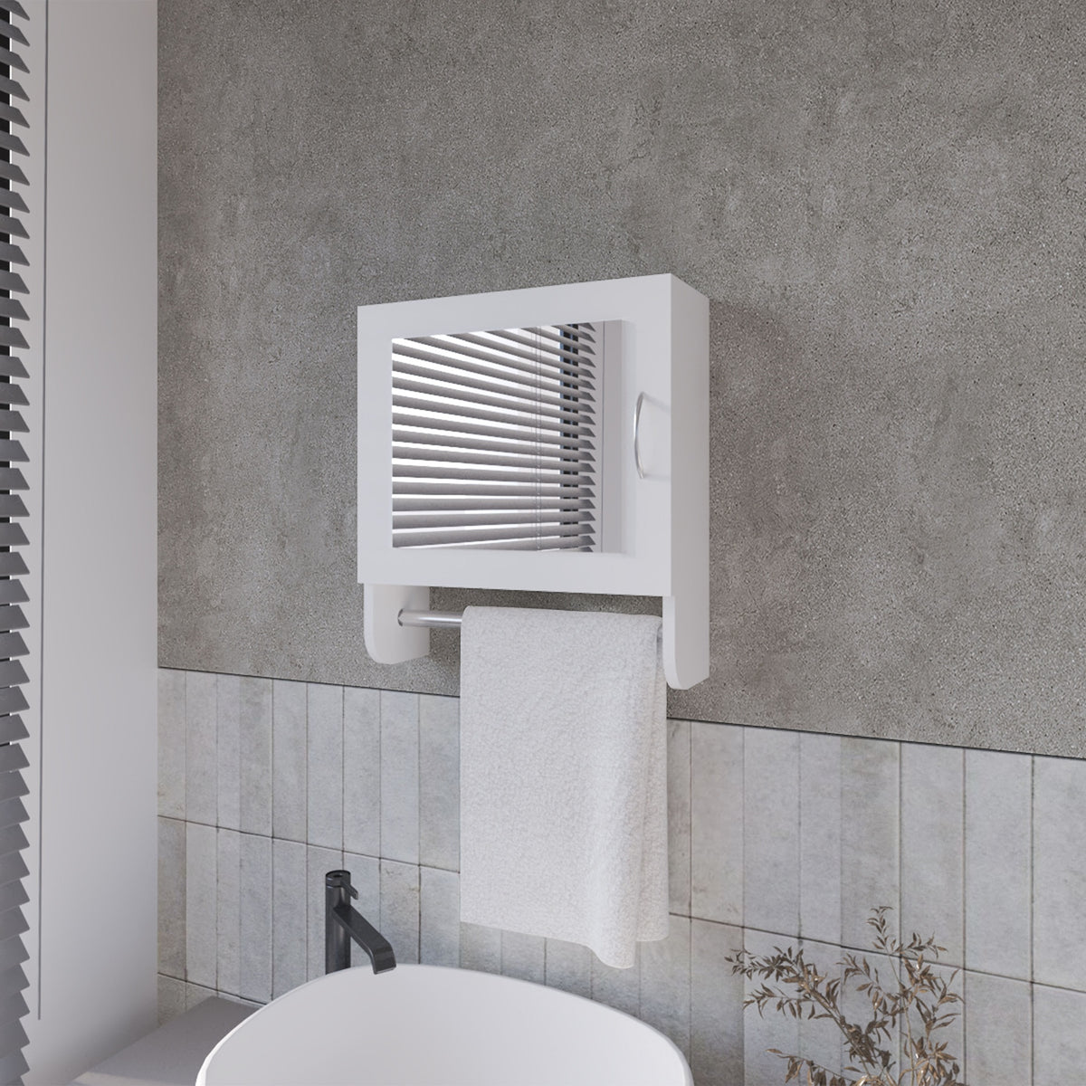 Pine Medicine Cabinet in Melamine With a Towel Bar And Included Mirror, White