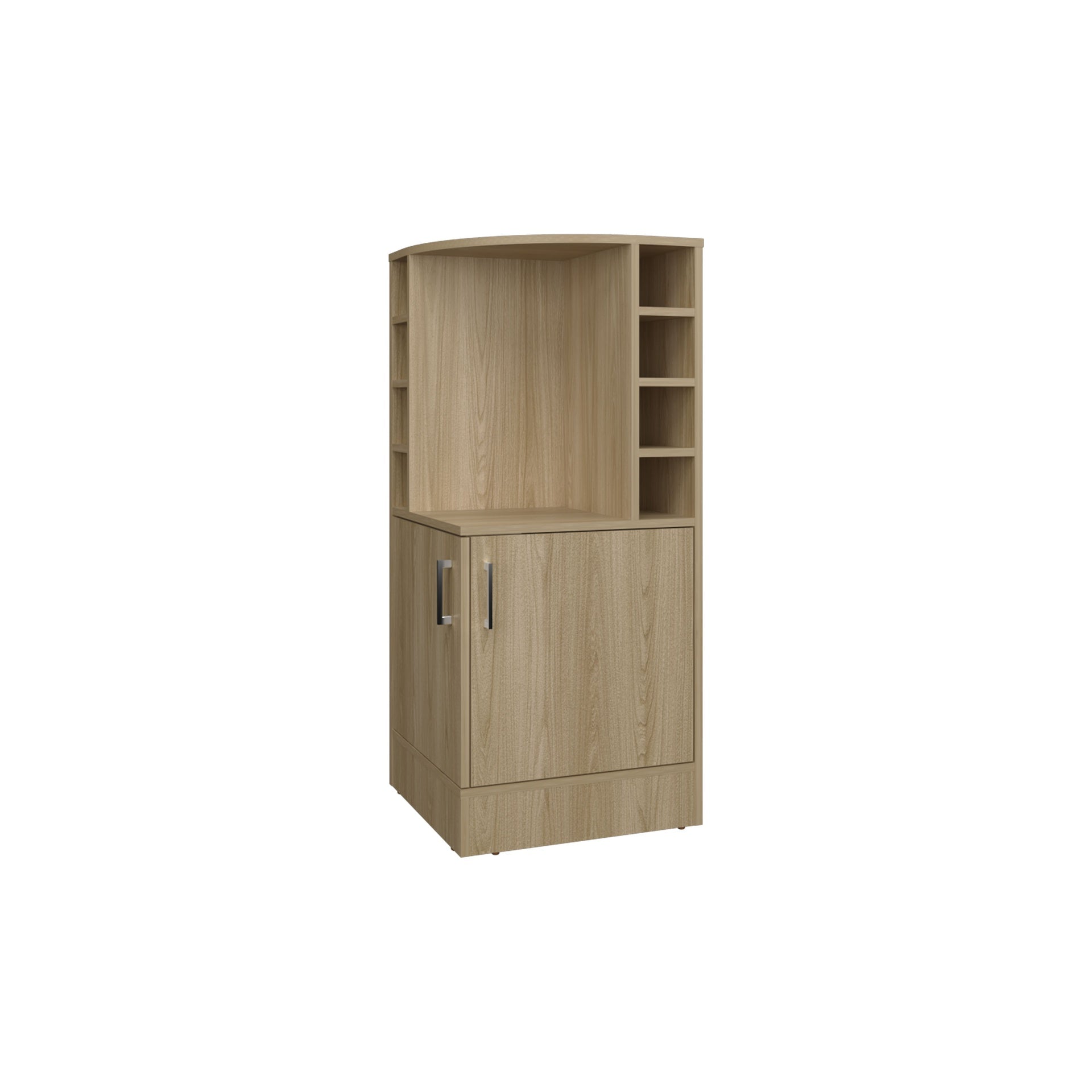 FM FURNITURE Toyei Corner Bar Cabinet with Bottle Rack, Open Shelves, and Hidden Storage, Natural Oak