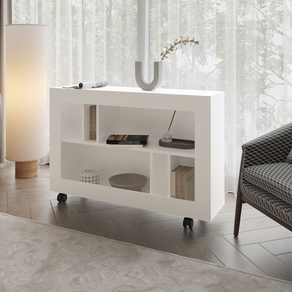FM FURNITURE Cowlic Console Table in Melamine with Open Storage. White