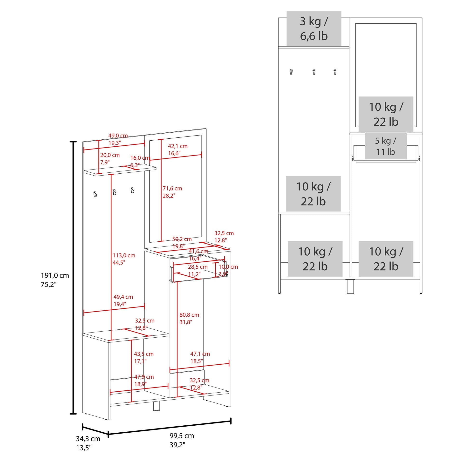 FM FURNITURE Elko Hall Tree Multistorage with a Mirror. Natural Oak