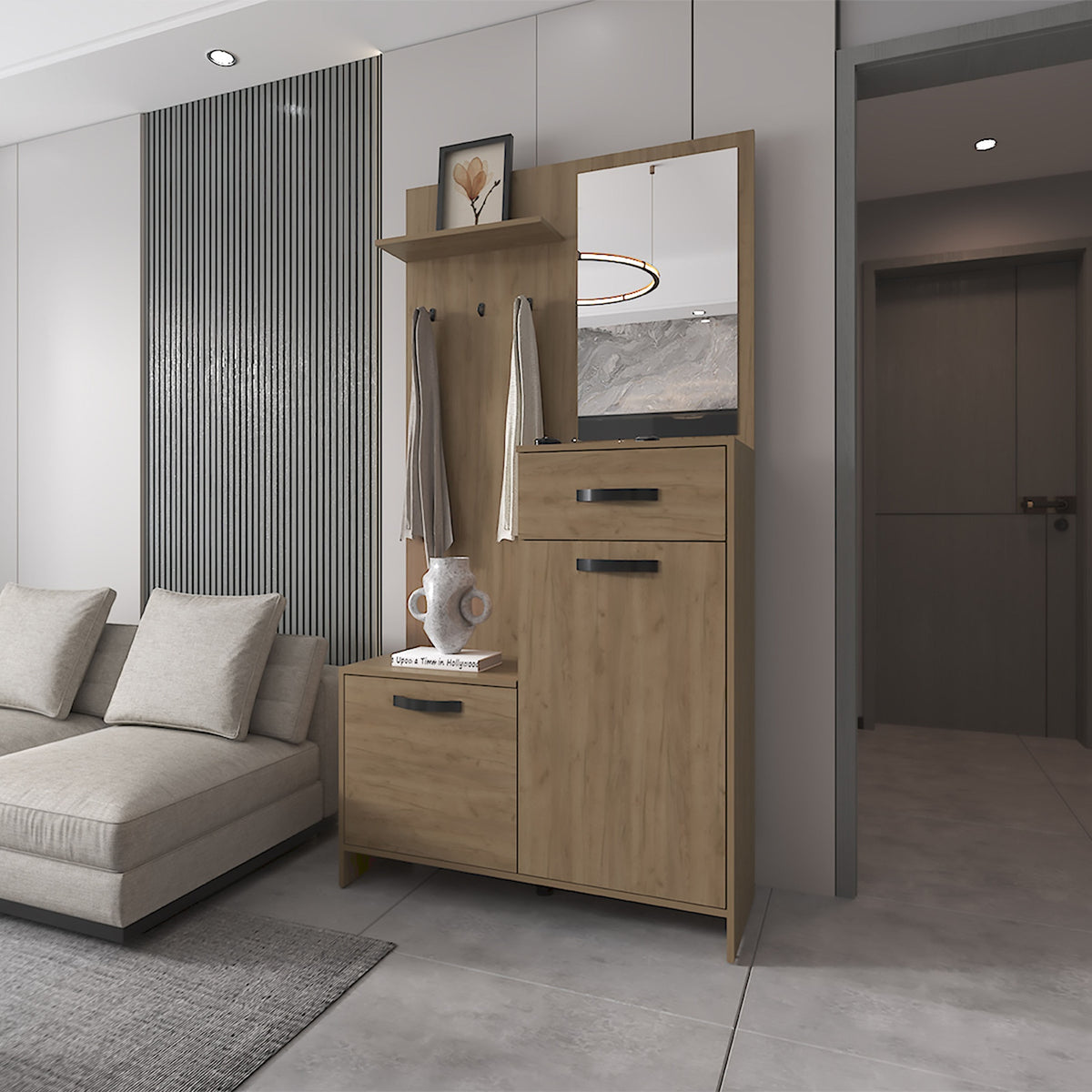 FM FURNITURE Elko Hall Tree Multistorage with a Mirror. Natural Oak