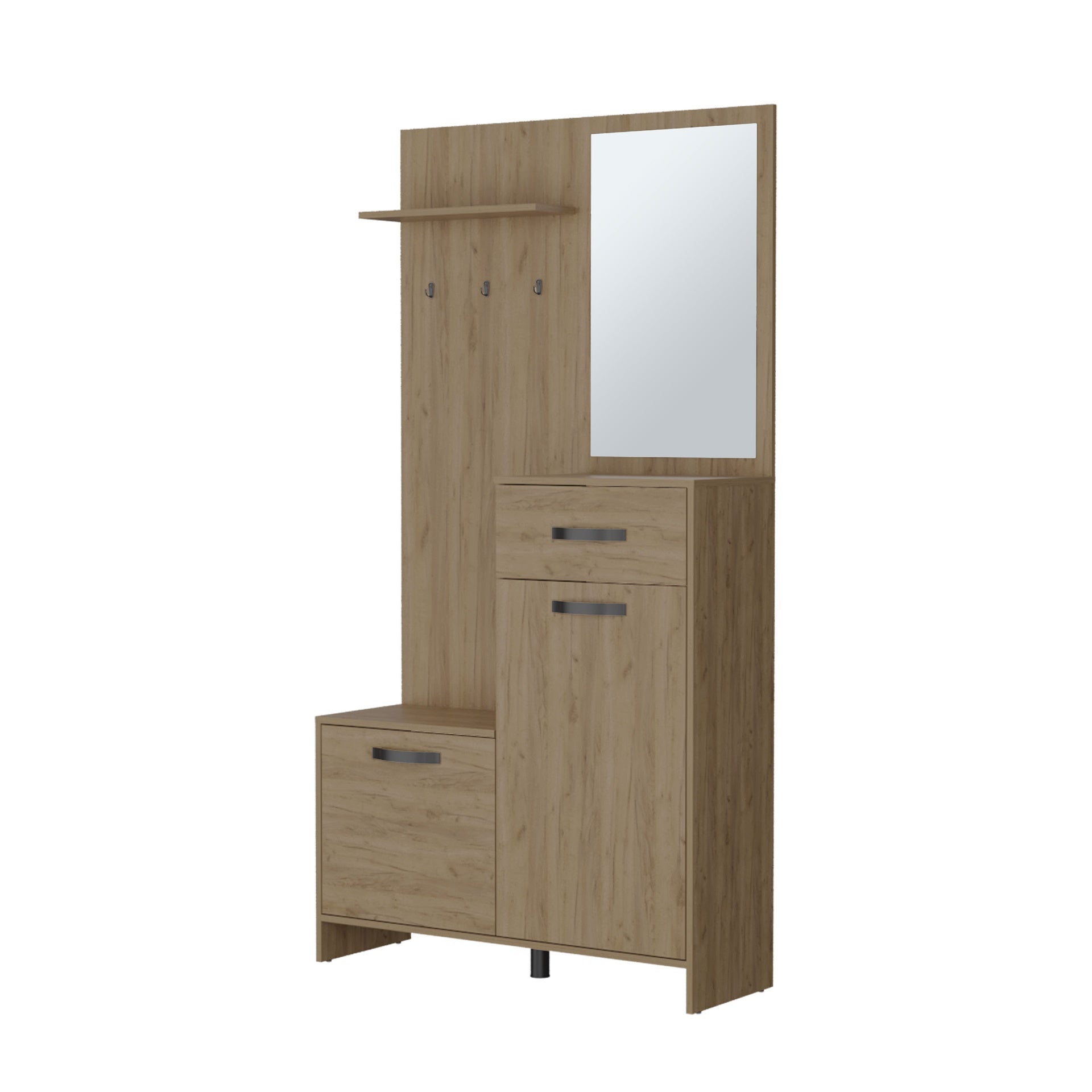 FM FURNITURE Elko Hall Tree Multistorage with a Mirror. Natural Oak