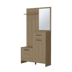 FM FURNITURE Elko Hall Tree Multistorage with a Mirror. Natural Oak