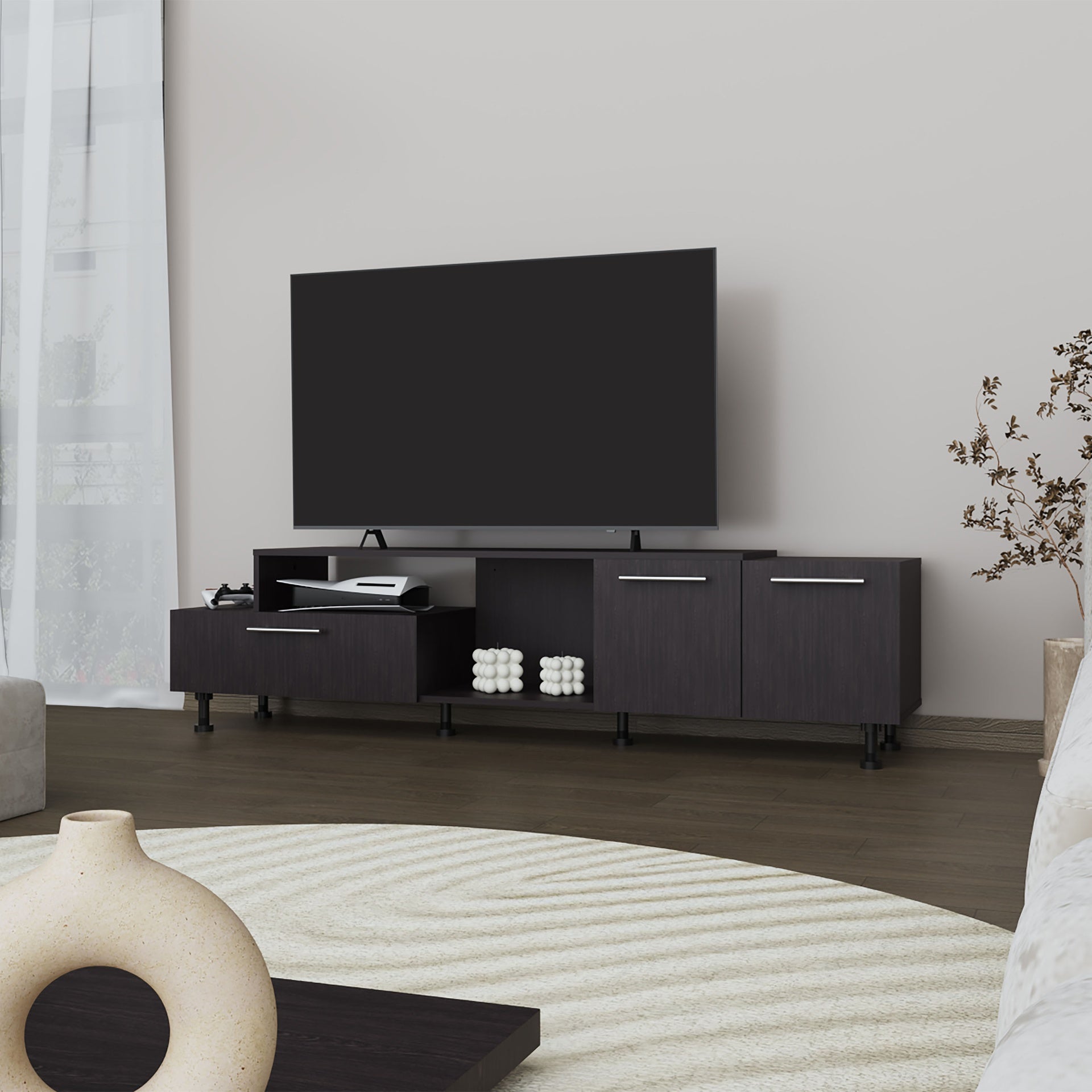 FM FURNITURE Liberty Entertainment Center with Drop-Down Door. Adjustable Legs. Open Storage. and Two Side Cabinets. Wengue