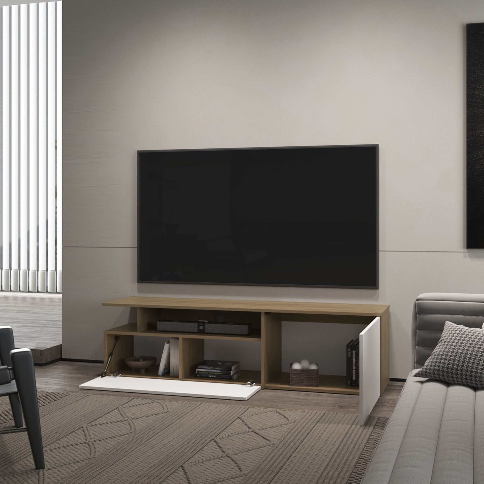 FM FURNITURE Dilkon TV Stand with Drop-Down Door. Hinged Door. Open Shelves.Cable Management. Natural Oak and White