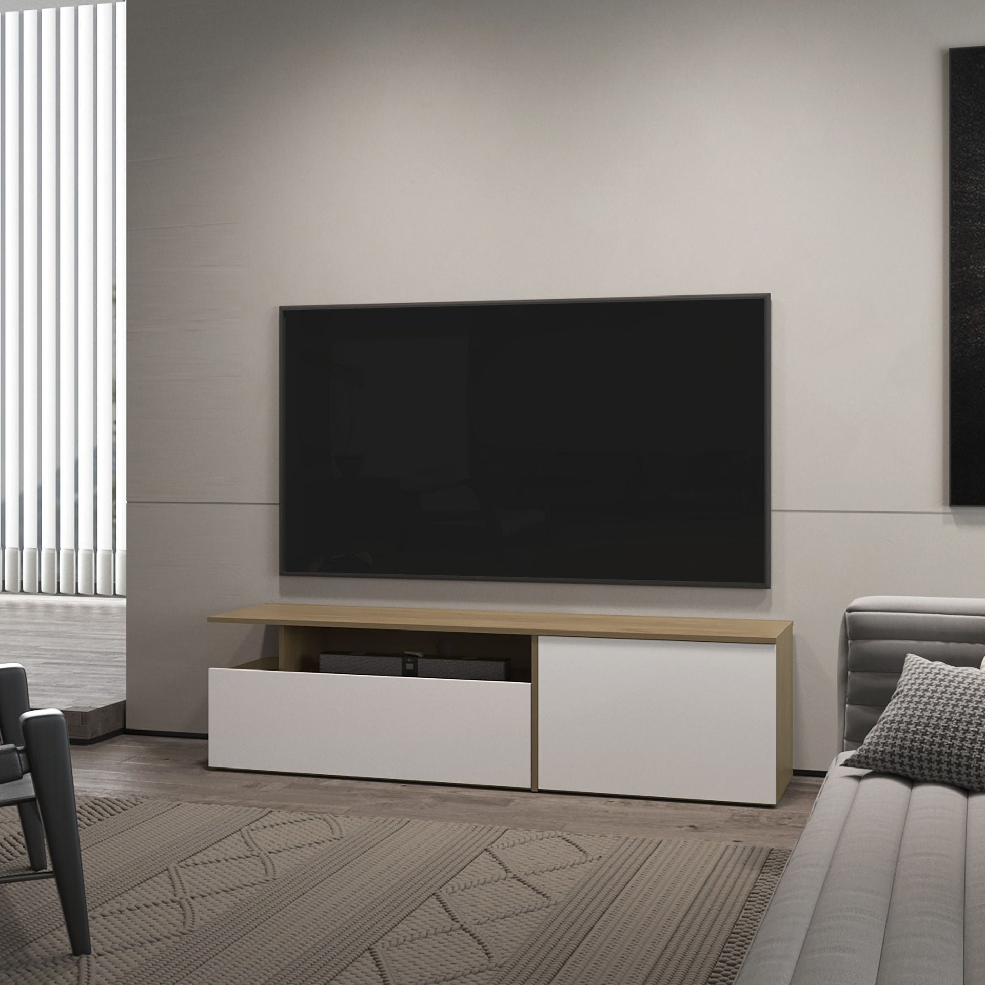 FM FURNITURE Dilkon TV Stand with Drop-Down Door. Hinged Door. Open Shelves.Cable Management. Natural Oak and White