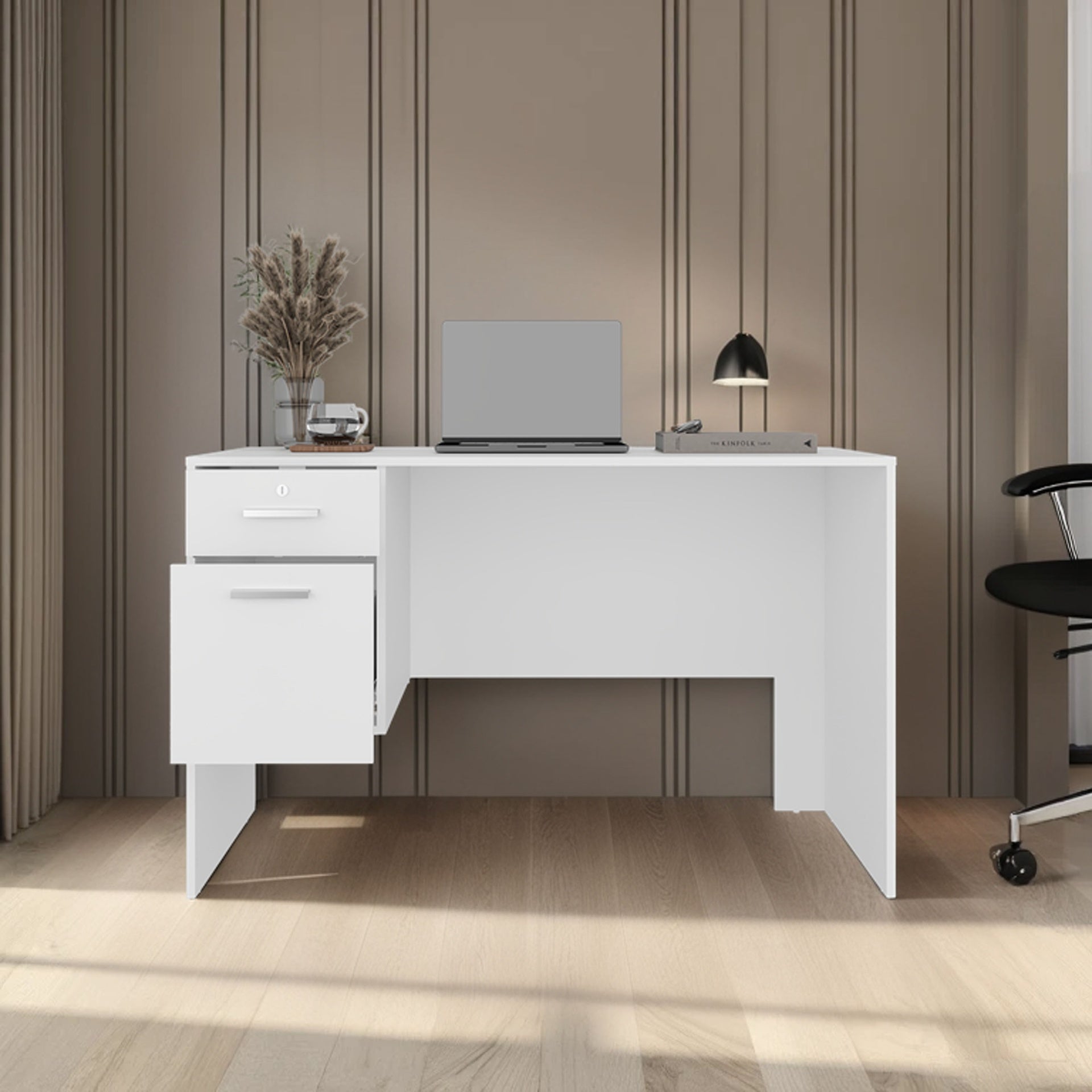 FM FURNITURE Magia Desk, 2 Drawers (1 Lockable), Modern Design, White Finish, Home Office