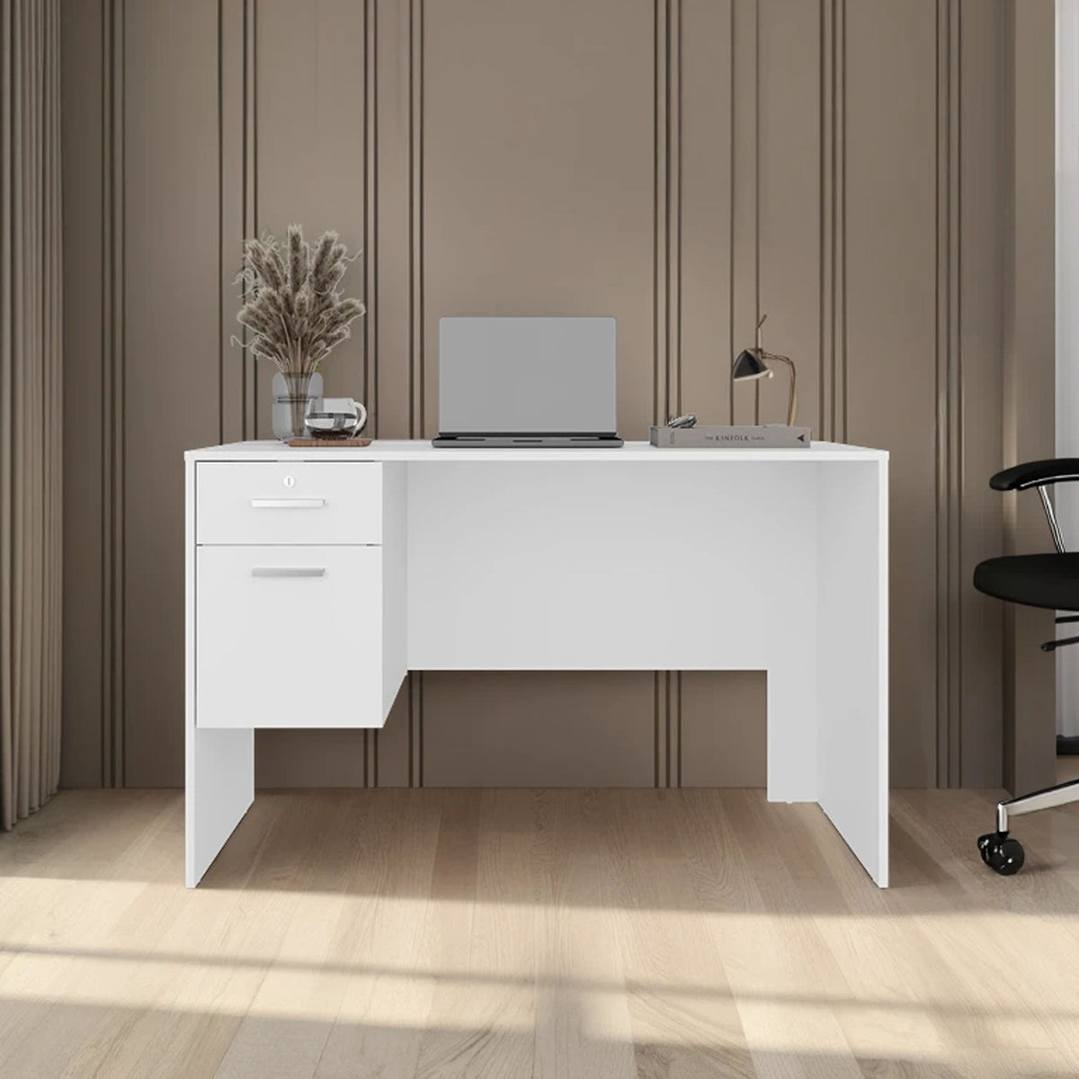 FM FURNITURE Magia Desk, 2 Drawers (1 Lockable), Modern Design, White Finish, Home Office