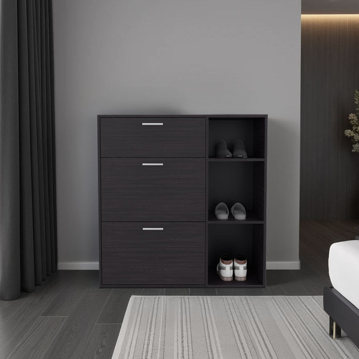 Sierra Shoe Storage Cabinet, 2 Tilt-Out Drawers, 1 Top Drawer, 3 Open Side Shelves, Vertical Design, Entryway or Bedroom Use, Wenge