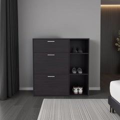 Sierra Shoe Storage Cabinet, 2 Tilt-Out Drawers, 1 Top Drawer, 3 Open Side Shelves, Vertical Design, Entryway or Bedroom Use, Wenge