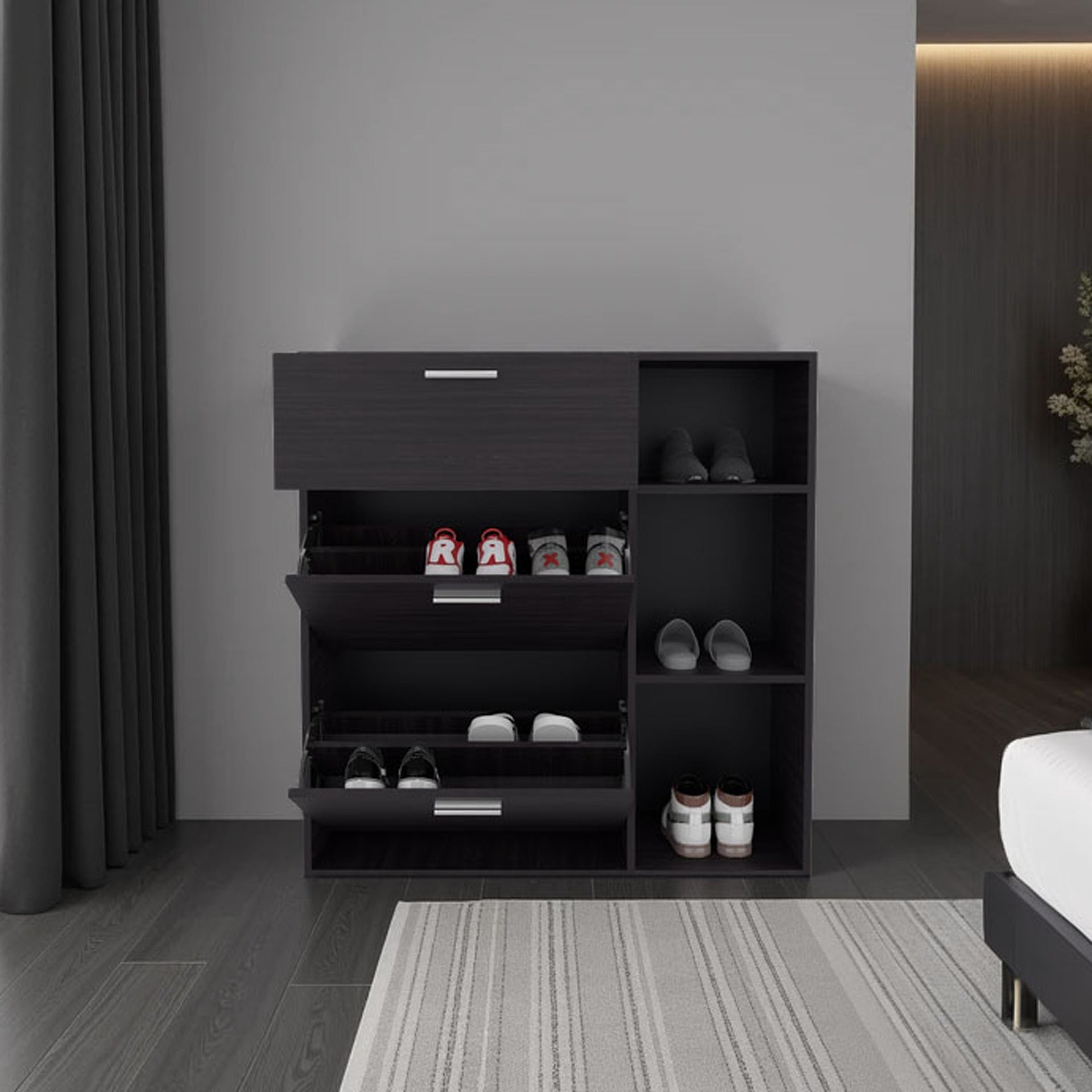 Sierra Shoe Storage Cabinet, 2 Tilt-Out Drawers, 1 Top Drawer, 3 Open Side Shelves, Vertical Design, Entryway or Bedroom Use, Wenge