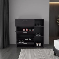 Sierra Shoe Storage Cabinet, 2 Tilt-Out Drawers, 1 Top Drawer, 3 Open Side Shelves, Vertical Design, Entryway or Bedroom Use, Wenge
