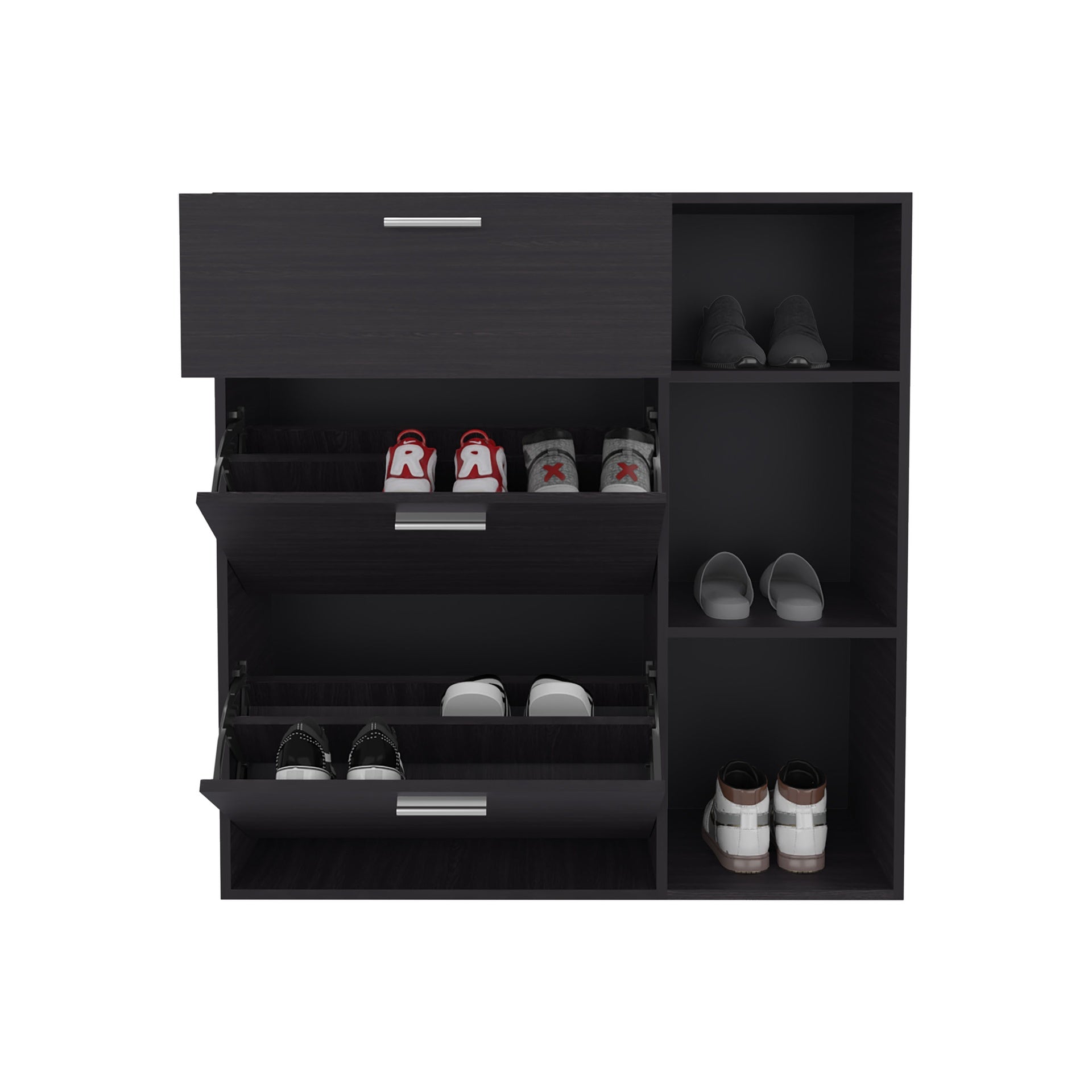 Sierra Shoe Storage Cabinet, 2 Tilt-Out Drawers, 1 Top Drawer, 3 Open Side Shelves, Vertical Design, Entryway or Bedroom Use, Wenge