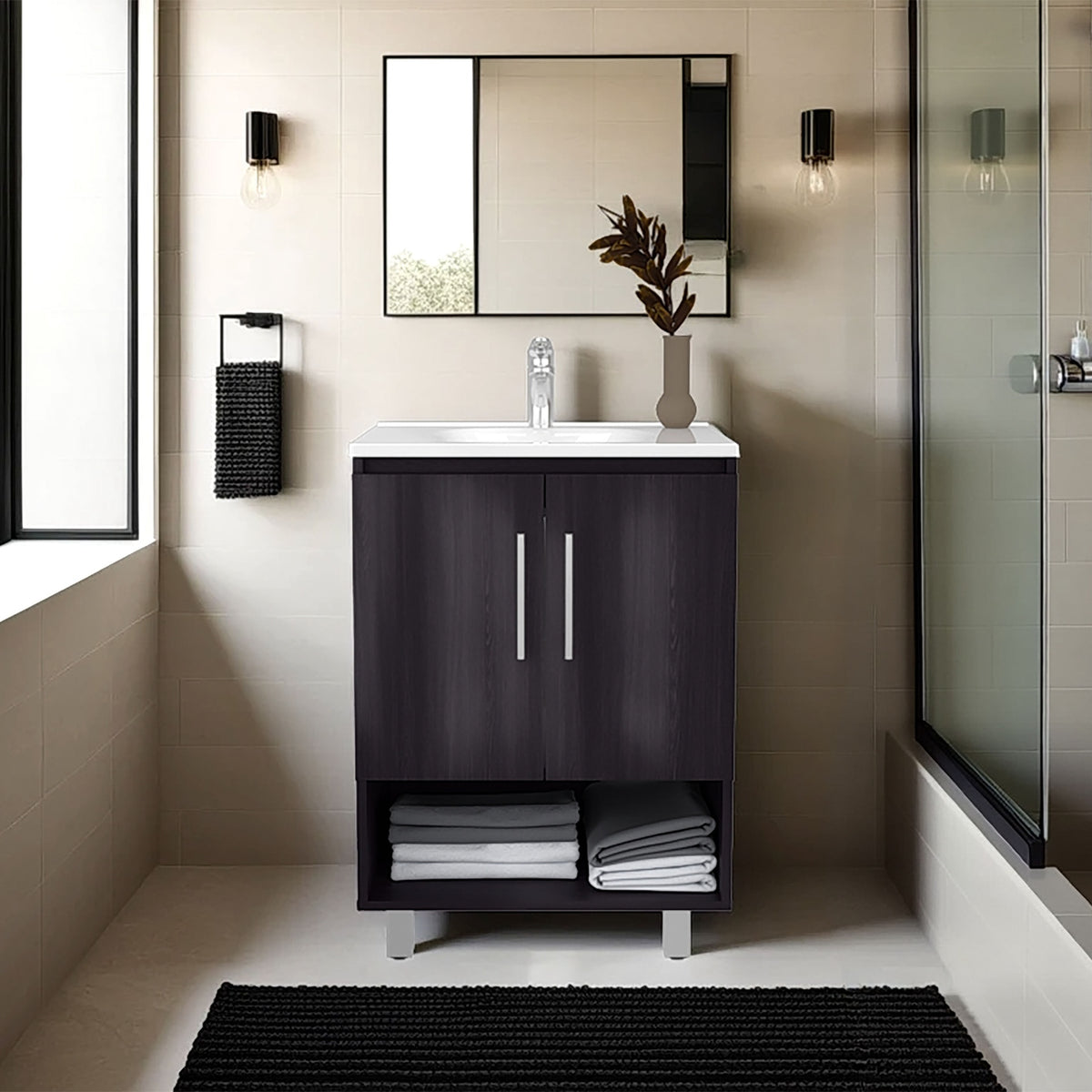 Texas Freestanding Bathroom Vanity Cabinet with Double Doors, Open Shelf, and Elevated Base, Modern Design for Sink Installation and Organized Storage, Wenge