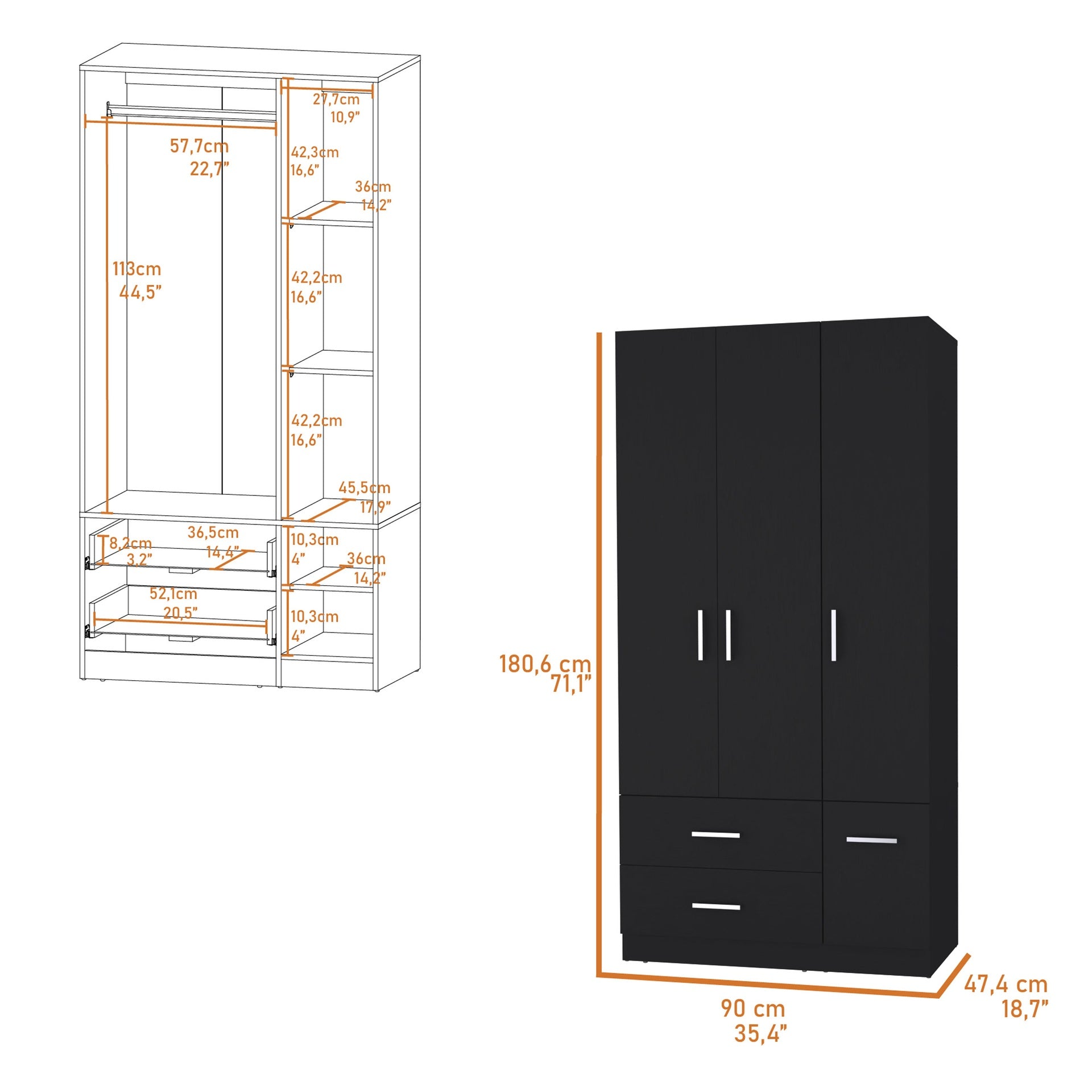 Douglas Armoire in melamine, two drawers, hanging rod and 4 doors.