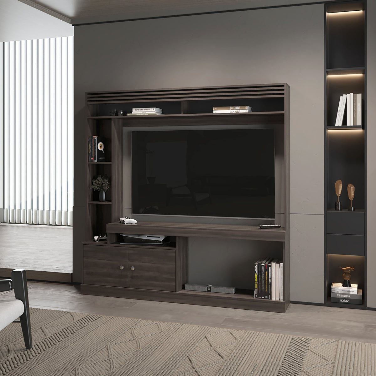 Rock House Entertainment Center with Two Doors and Open Storage, Stained Walnut