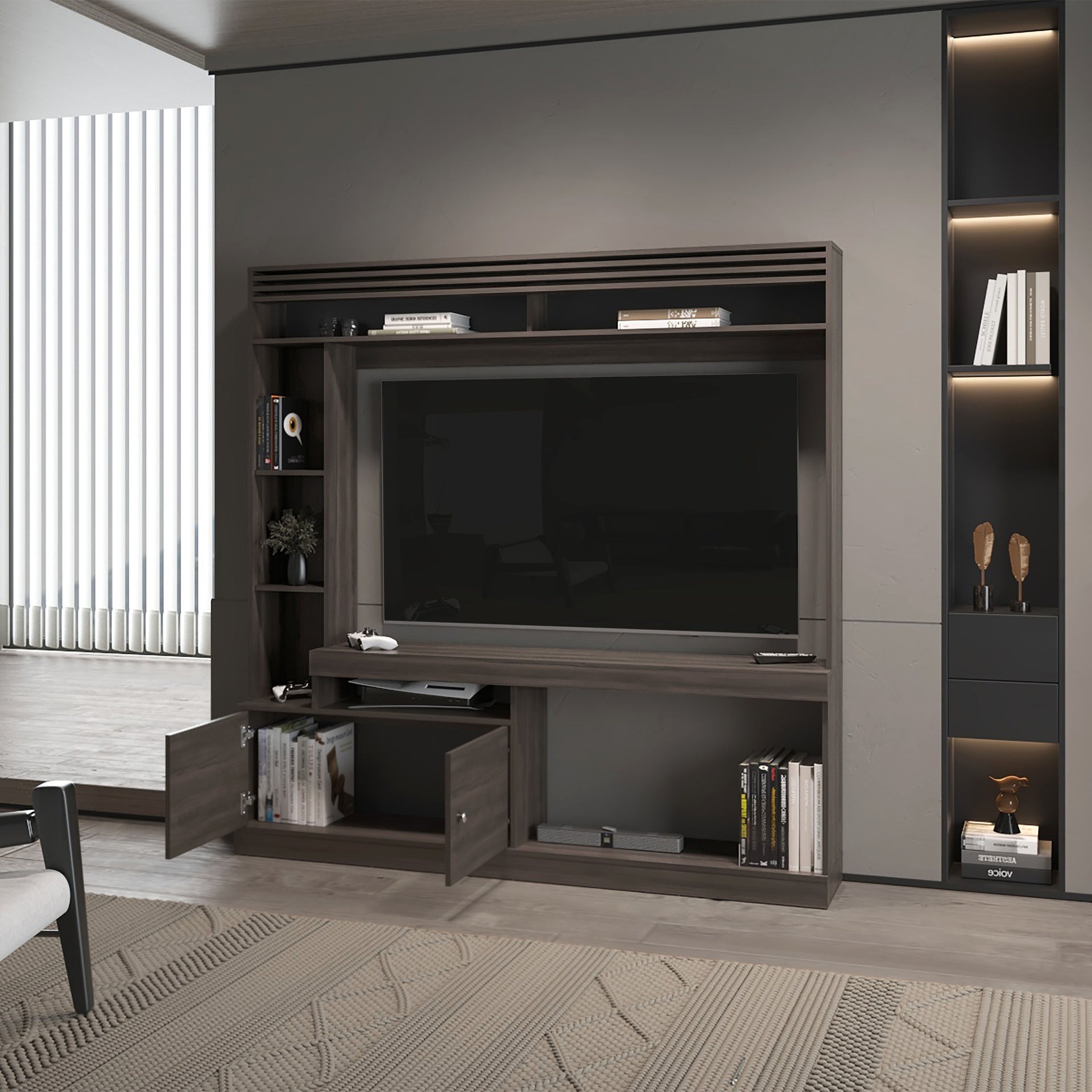 Rock House Entertainment Center with Two Doors and Open Storage, Stained Walnut