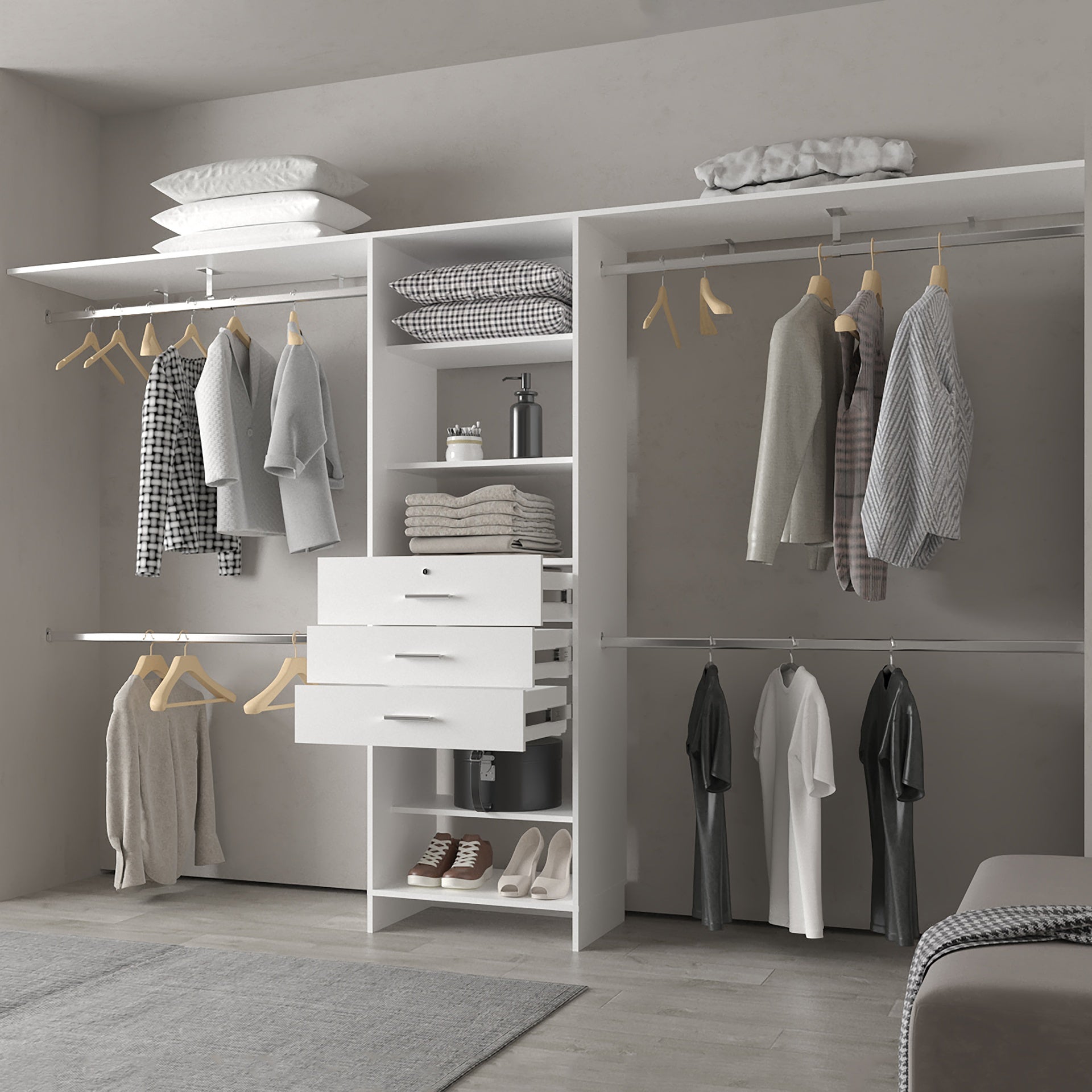 FM FURNITURE Geek Modular Closet Organizer System with Hanging Rods, Shelves, and Drawers , White