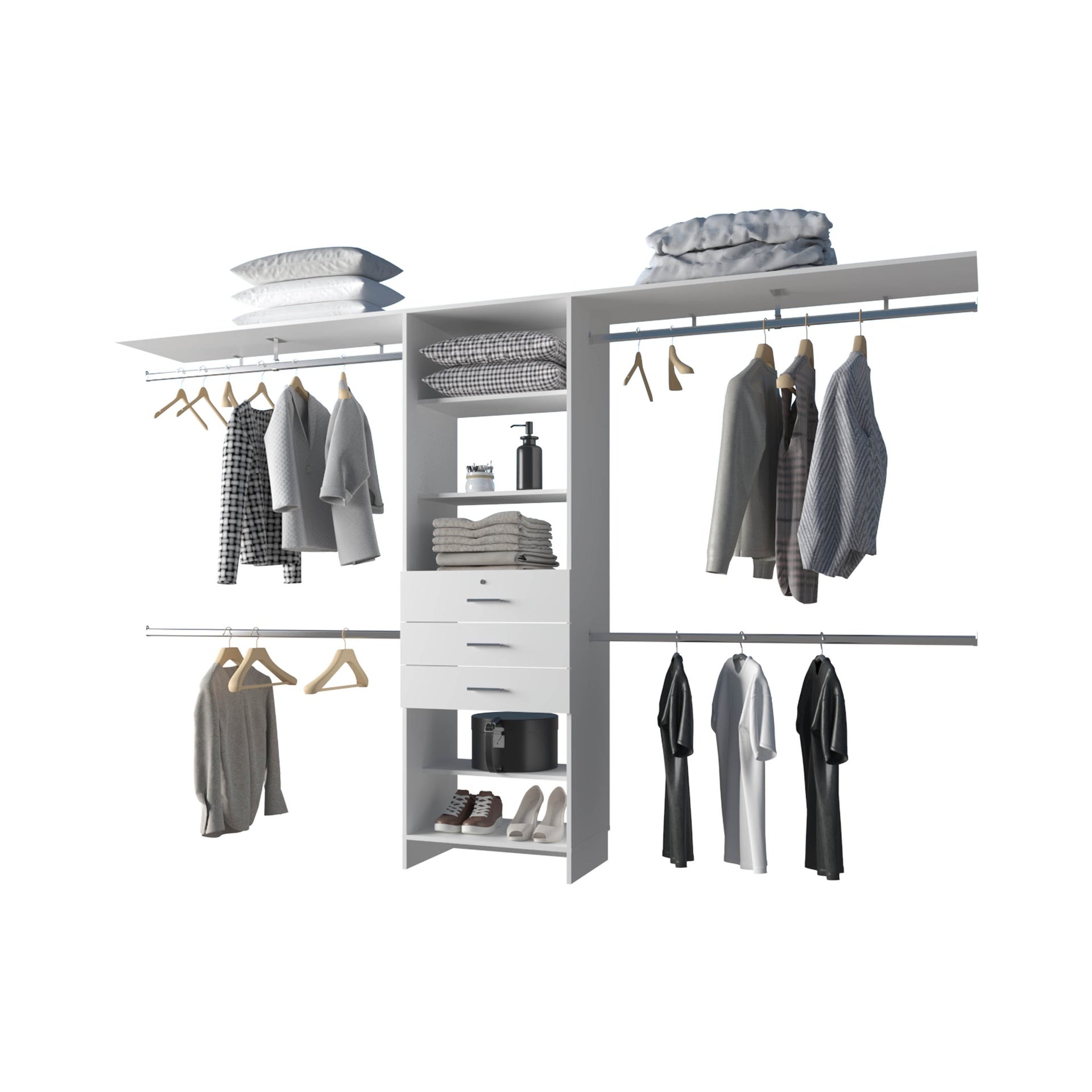 FM FURNITURE Geek Modular Closet Organizer System with Hanging Rods, Shelves, and Drawers , White