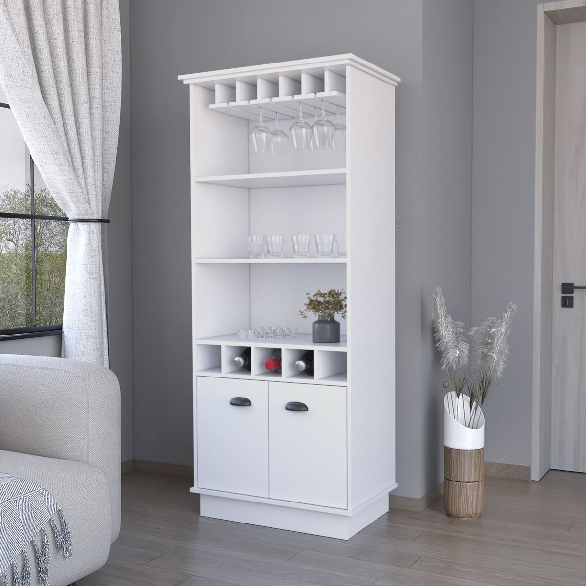 FM FURNITURE Sophia Bar Cabinet with Glassware Rack and Five Bottle Racks, White