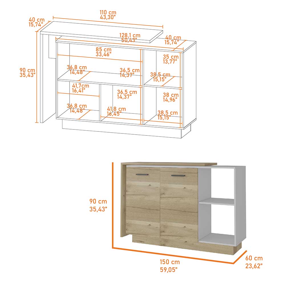 Aspen Kitchen Island, Two Concealed Shelves , Three Divisions