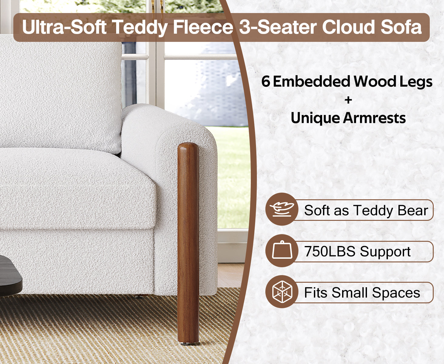 83.86" 3-Seater Sofa, Curved Armrest with Integrated Solid Wood Legs, Teddy Velvet Fabric, High Weight Capacity (250 lbs/seat), Durable Solid Wood Frame,Cream White