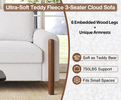 83.86" 3-Seater Sofa, Curved Armrest with Integrated Solid Wood Legs, Teddy Velvet Fabric, High Weight Capacity (250 lbs/seat), Durable Solid Wood Frame,Cream White