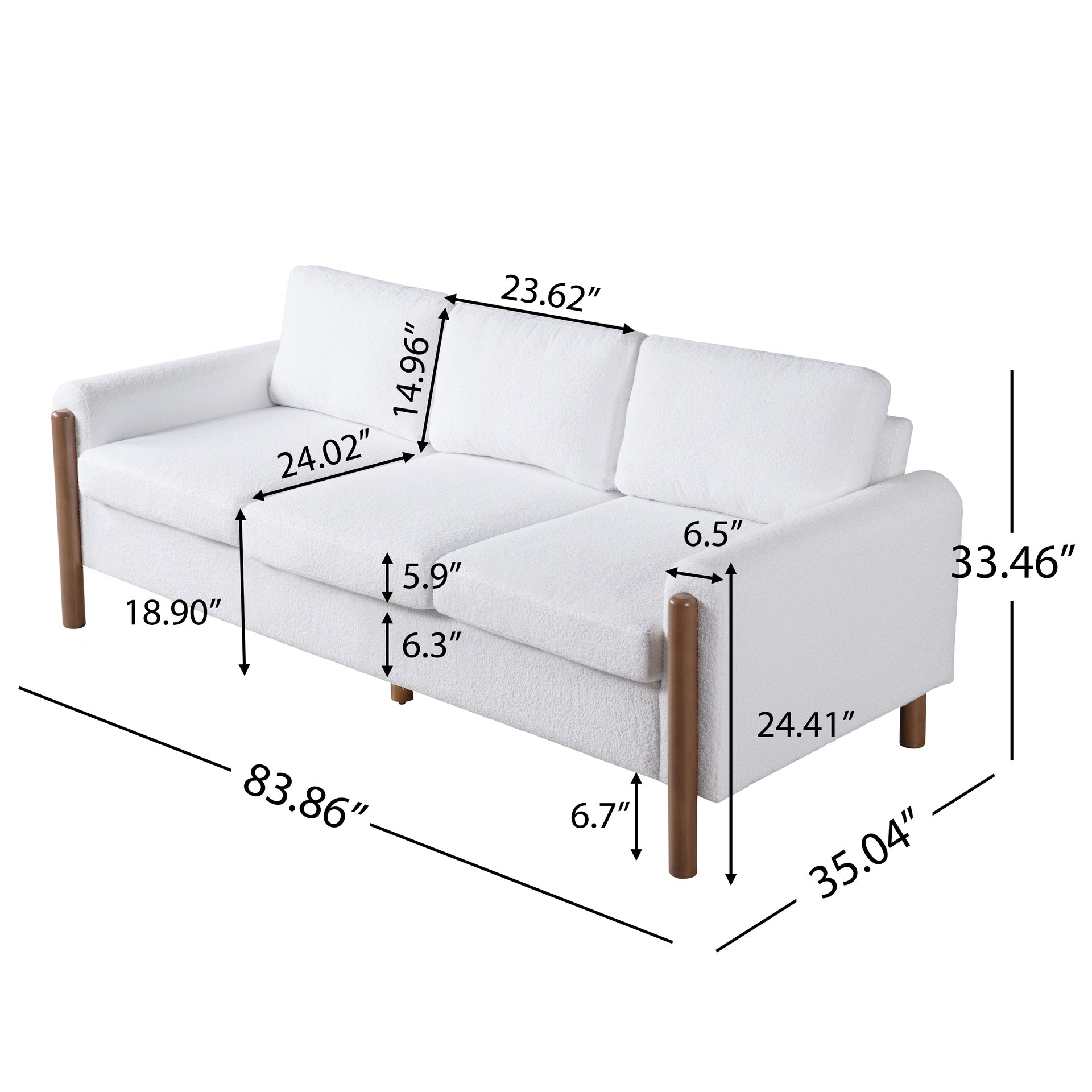 83.86" 3-Seater Sofa, Curved Armrest with Integrated Solid Wood Legs, Teddy Velvet Fabric, High Weight Capacity (250 lbs/seat), Durable Solid Wood Frame,Cream White