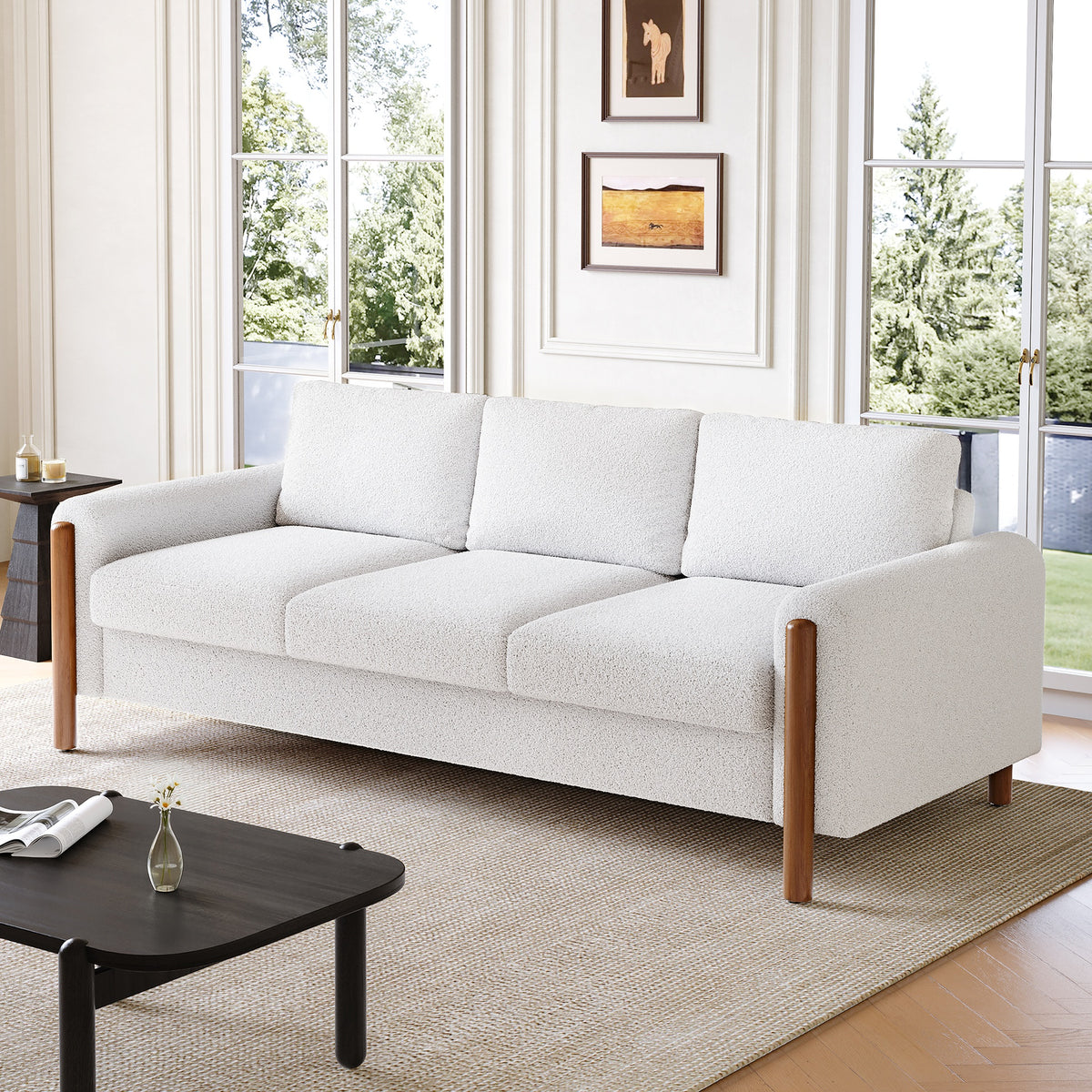 83.86" 3-Seater Sofa, Curved Armrest with Integrated Solid Wood Legs, Teddy Velvet Fabric, High Weight Capacity (250 lbs/seat), Durable Solid Wood Frame,Cream White