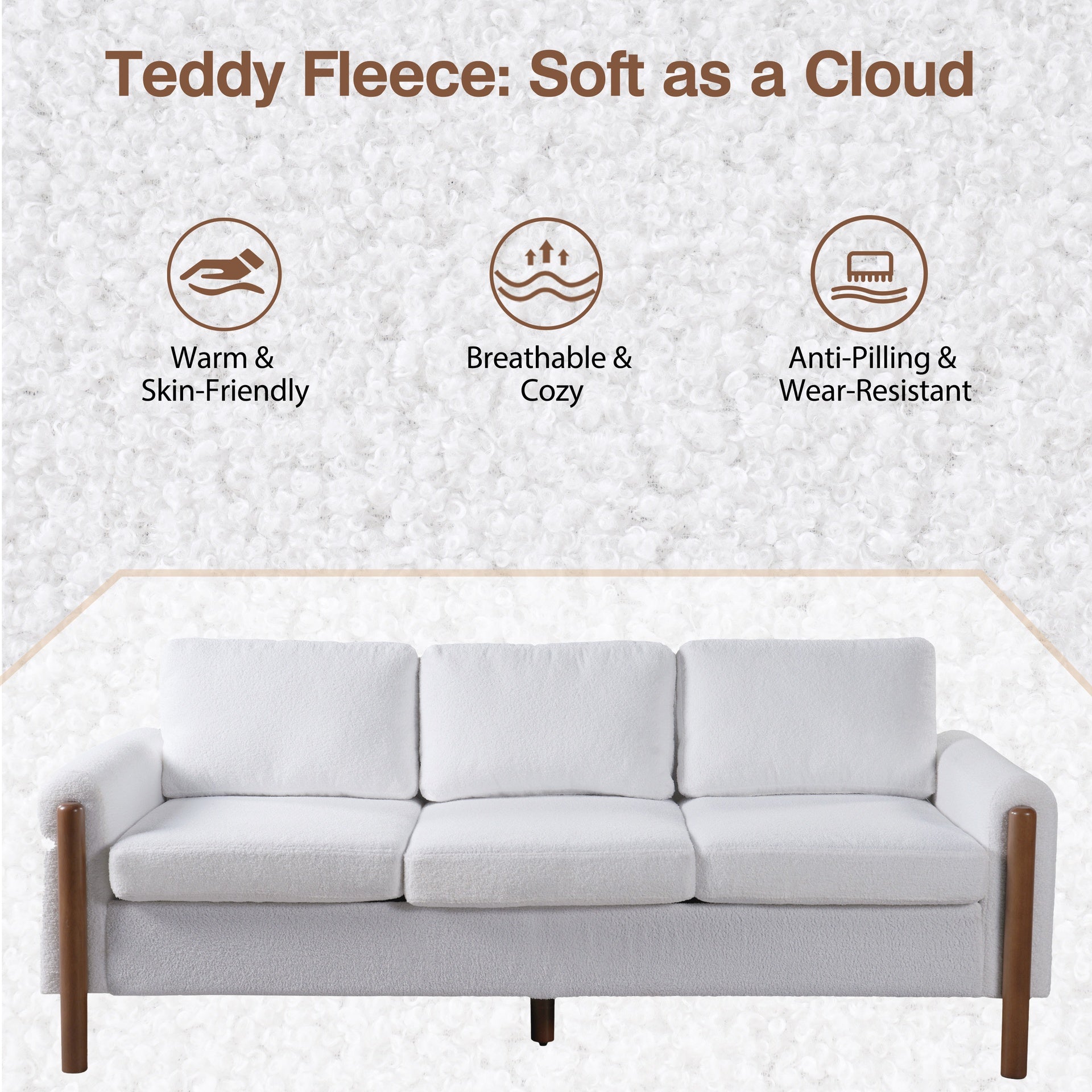 83.86" 3-Seater Sofa, Curved Armrest with Integrated Solid Wood Legs, Teddy Velvet Fabric, High Weight Capacity (250 lbs/seat), Durable Solid Wood Frame,Cream White