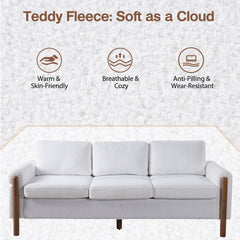 83.86" 3-Seater Sofa, Curved Armrest with Integrated Solid Wood Legs, Teddy Velvet Fabric, High Weight Capacity (250 lbs/seat), Durable Solid Wood Frame,Cream White