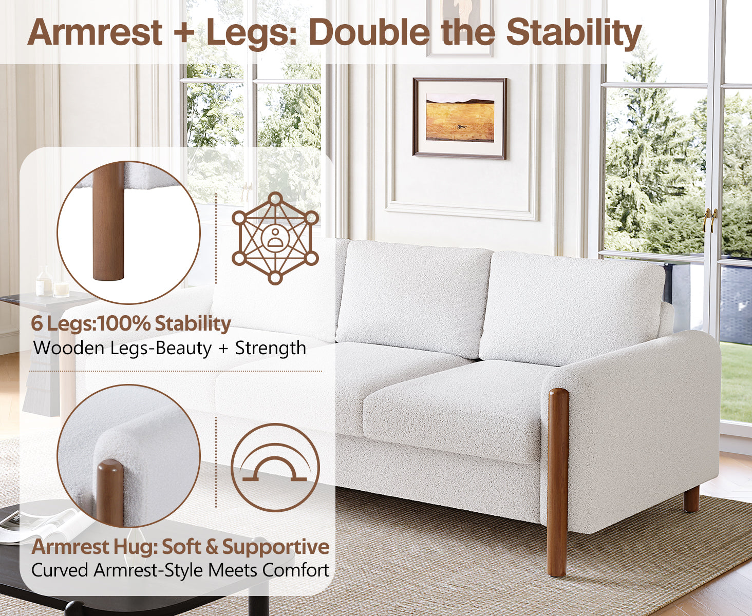 83.86" 3-Seater Sofa, Curved Armrest with Integrated Solid Wood Legs, Teddy Velvet Fabric, High Weight Capacity (250 lbs/seat), Durable Solid Wood Frame,Cream White