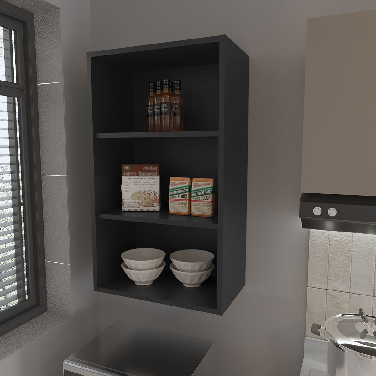 Guadalupe Wall Cabinet in Melamine with Open Storage, Black