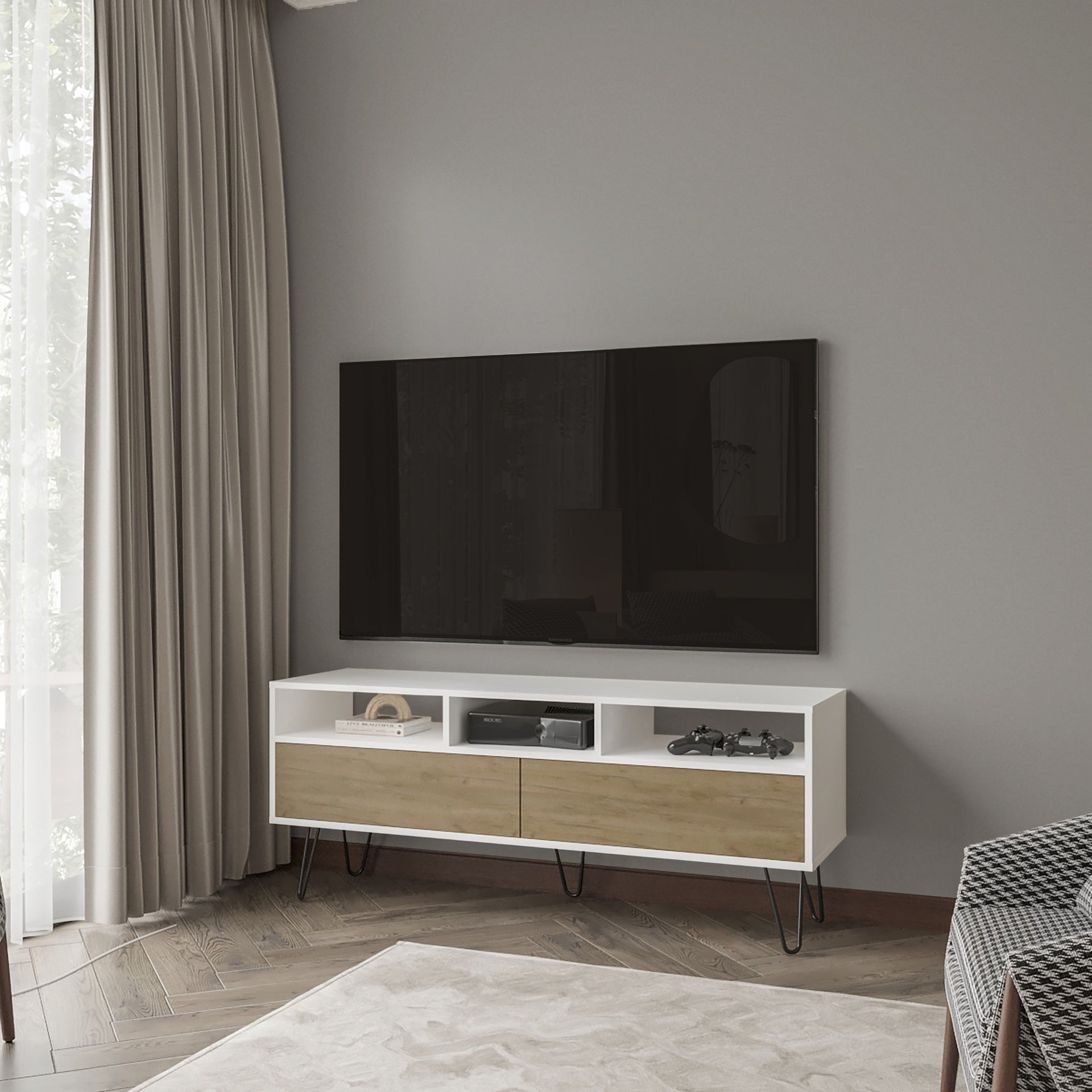 Olds TV Stand with 2 Doors and Open Storage, White and Natural Oak