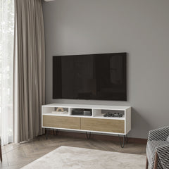 Olds TV Stand with 2 Doors and Open Storage, White and Natural Oak