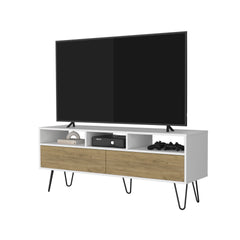 Olds TV Stand with 2 Doors and Open Storage, White and Natural Oak