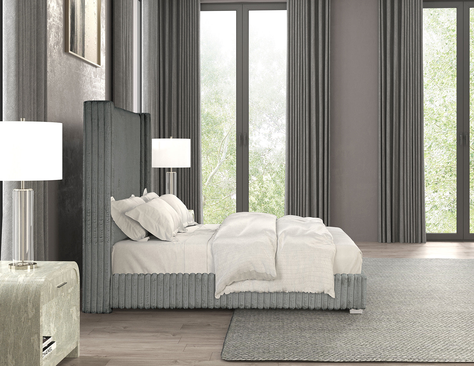 Gray Color Contemporary 1pc Queen Size Bed Fur Chenille Fabric Mattress Ready