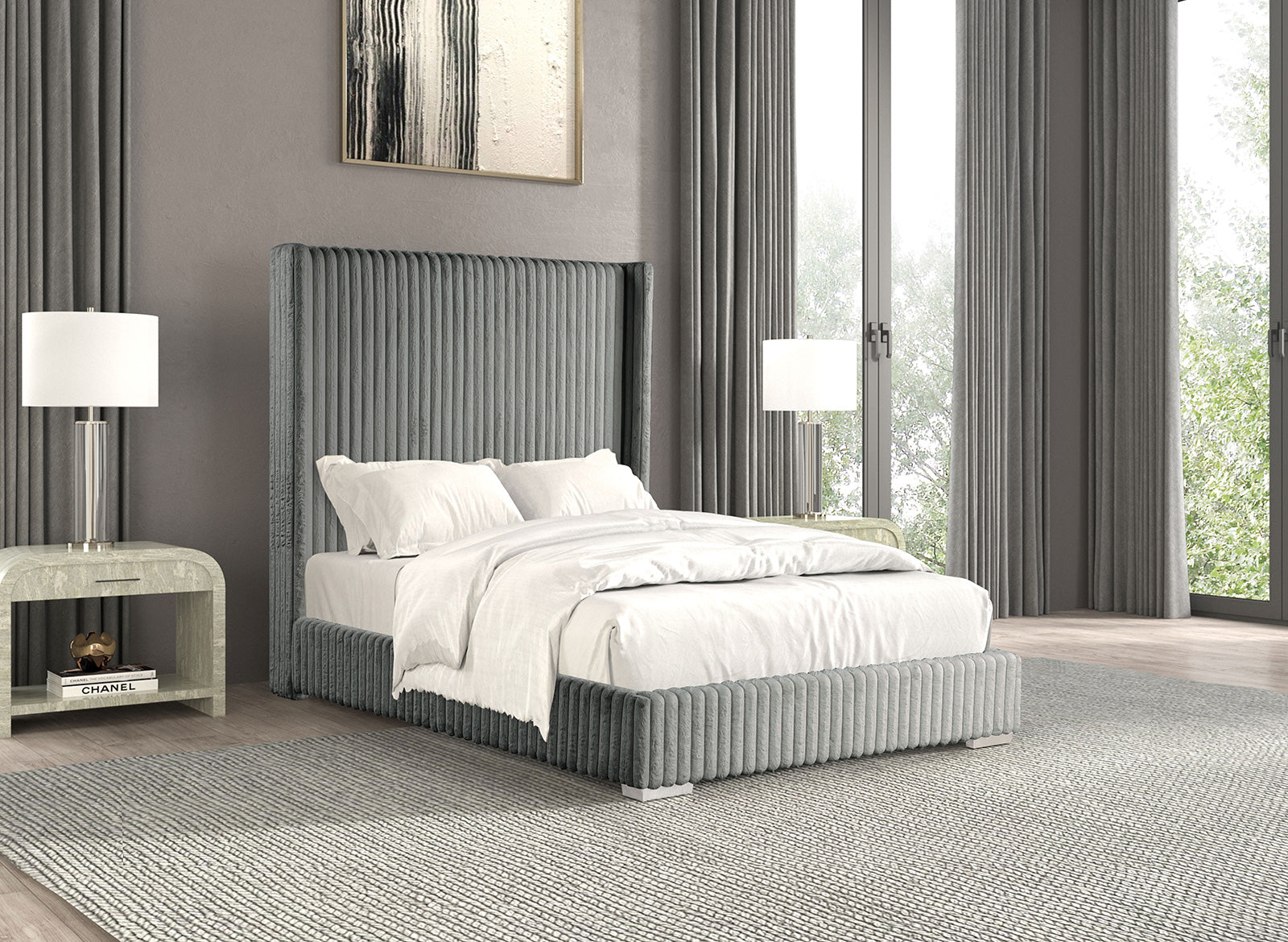 Gray Color Contemporary 1pc Queen Size Bed Fur Chenille Fabric Mattress Ready