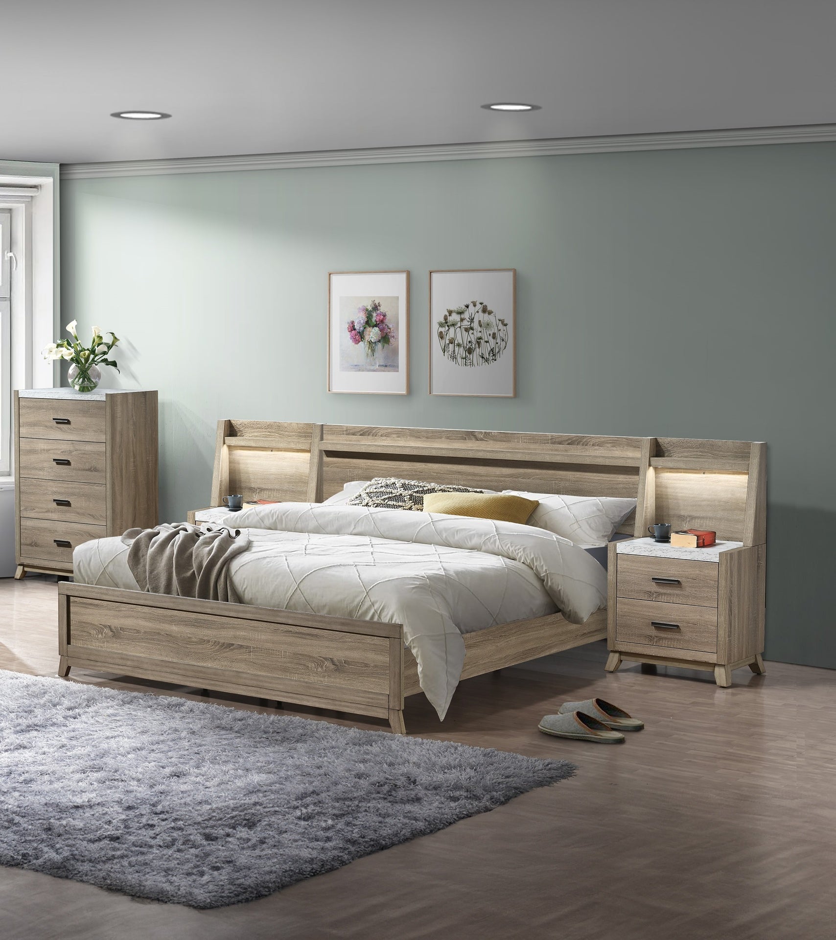 1pc Rustic Transitional Contemporary Chest Natural Brown Faux Stone Top Bed Side Cabinet Furniture