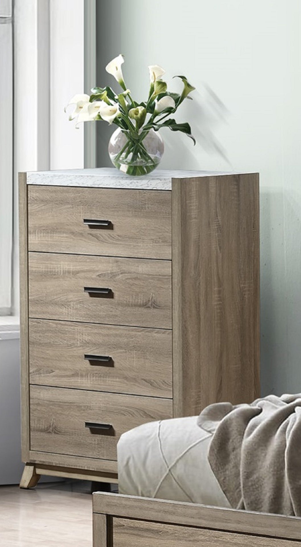 1pc Rustic Transitional Contemporary Chest Natural Brown Faux Stone Top Bed Side Cabinet Furniture