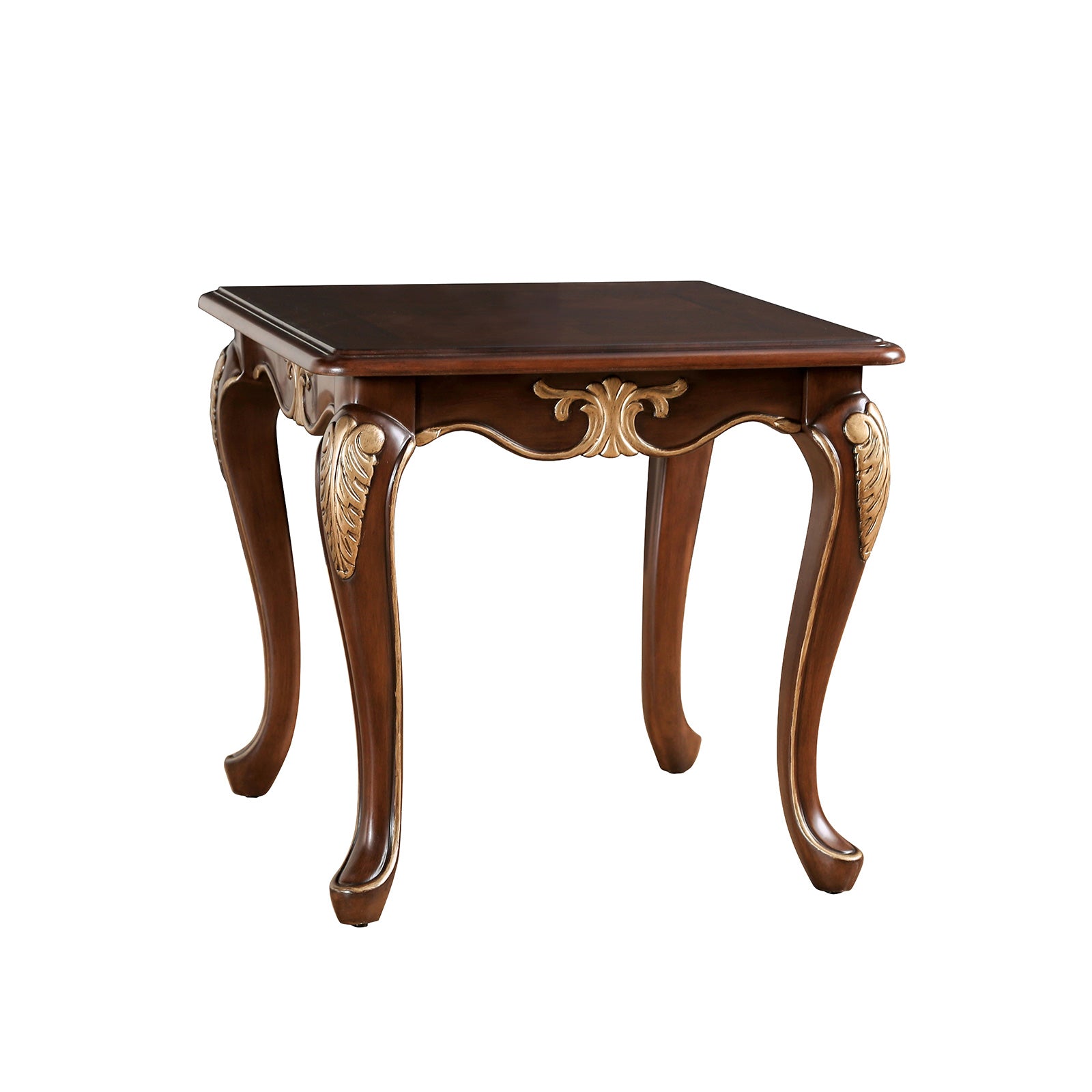 Traditional Style 1pc End Table Curved Legs Carved Details Design With Gold Highlight Elegant Look Solid Wood Structure Rich Tobacco Finish