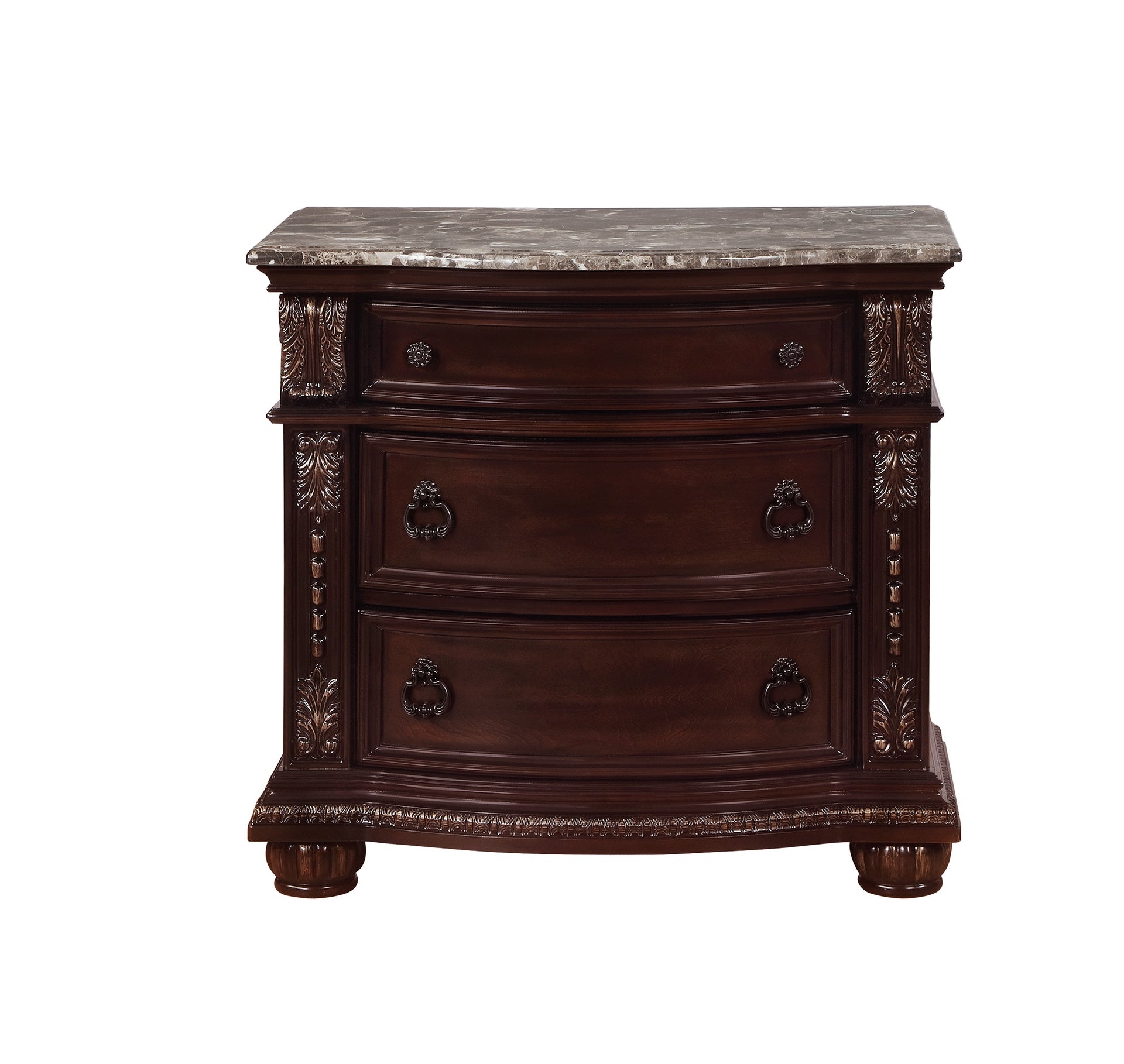1pc Marble Top Three Drawers Nightstand Intricate Moldings Beautifully Curved Silhouette Brown Dark Cherry Finish Bedroom Solid Wood Furniture