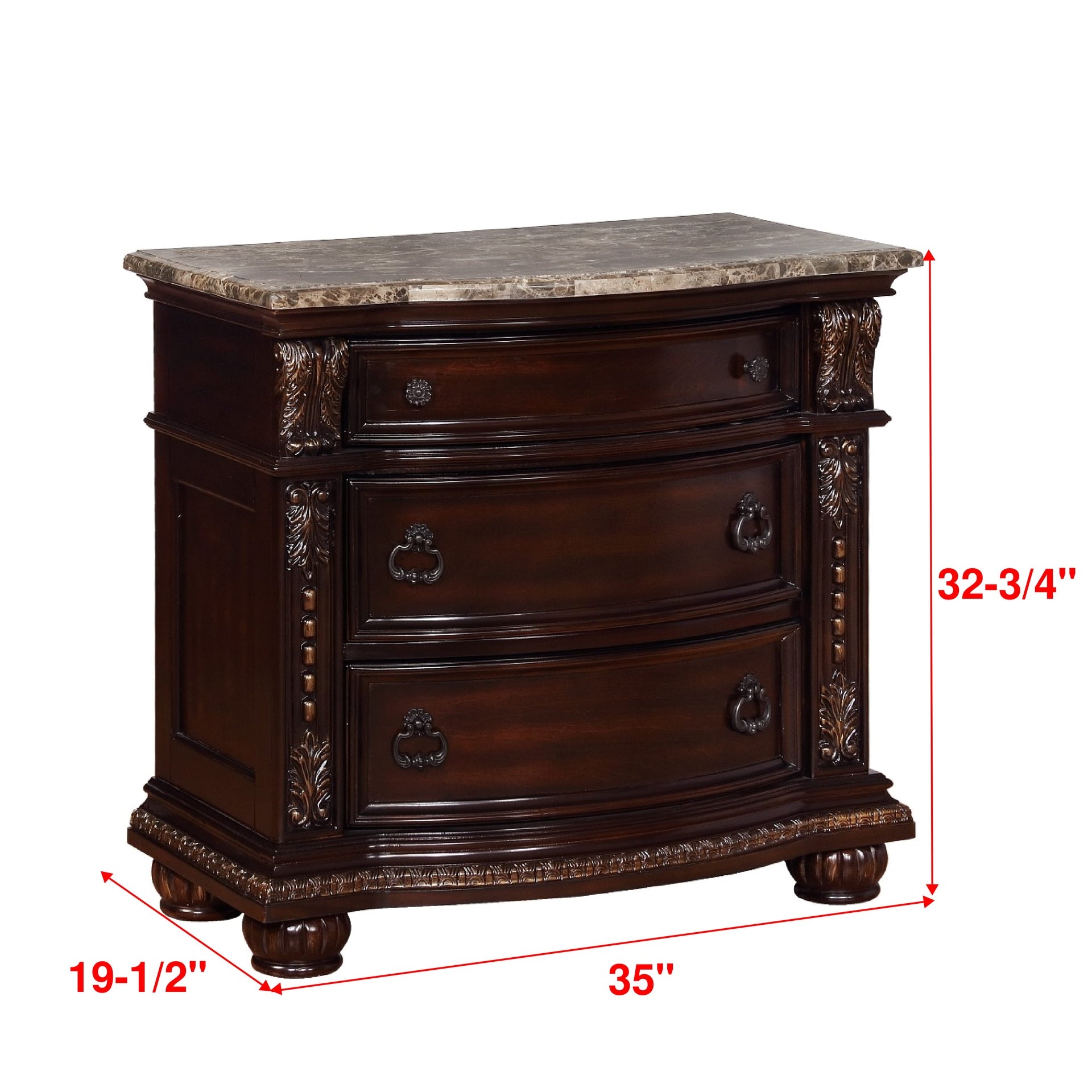 1pc Marble Top Three Drawers Nightstand Intricate Moldings Beautifully Curved Silhouette Brown Dark Cherry Finish Bedroom Solid Wood Furniture