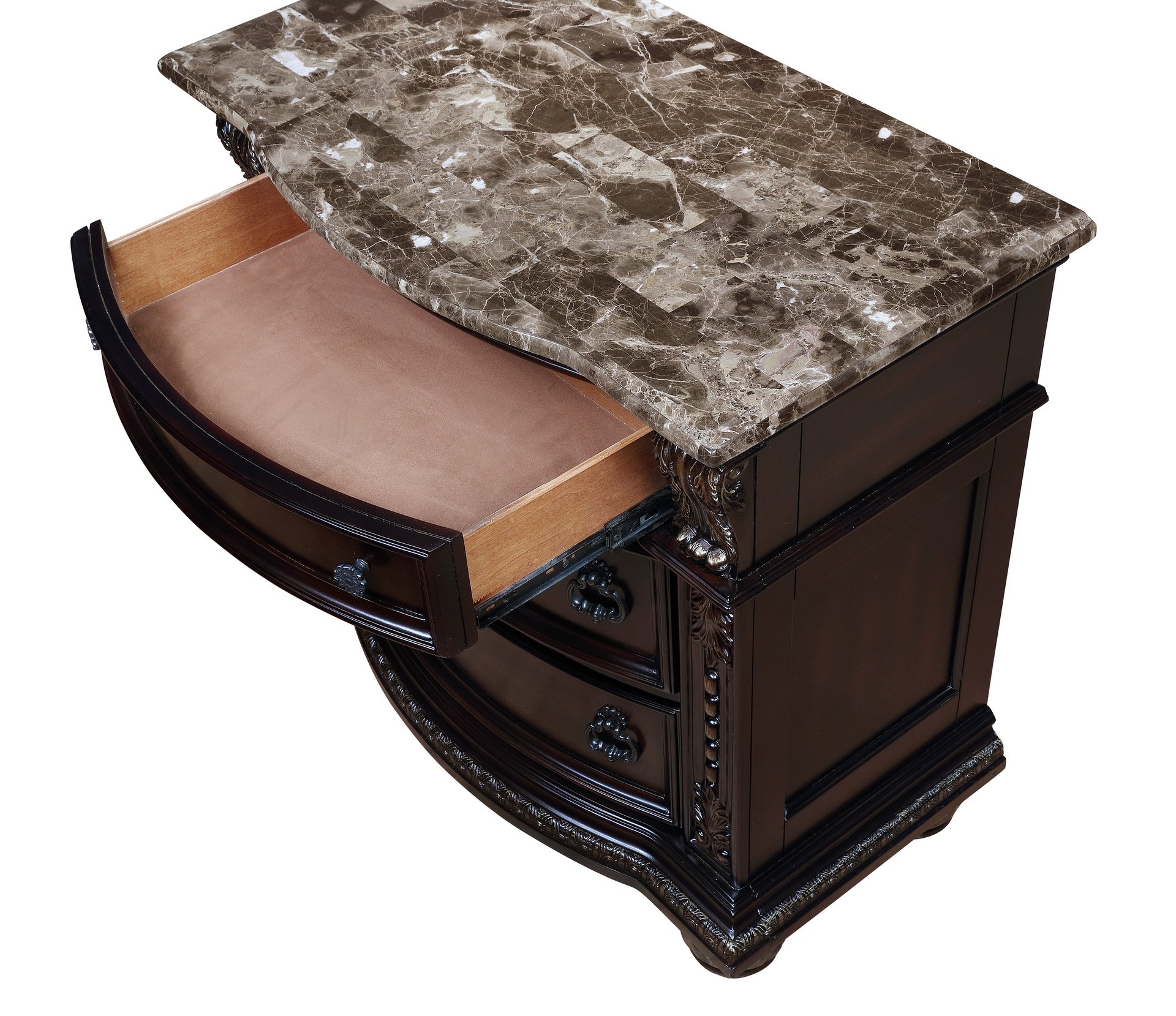 1pc Marble Top Three Drawers Nightstand Intricate Moldings Beautifully Curved Silhouette Brown Dark Cherry Finish Bedroom Solid Wood Furniture